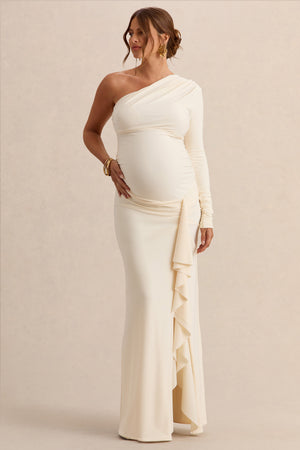 long cream maternity dress Cream Long Sleeve Fitted Maternity Maxi Dress  PinkBlush
