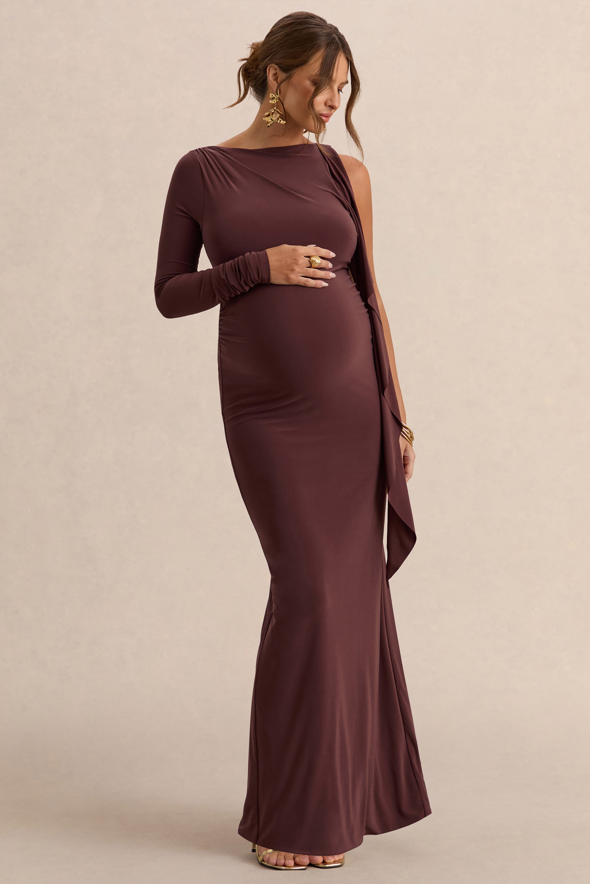 Emanuela | DARK Brown Boat-Neck Maternity Maxi Dress With Sash Detail