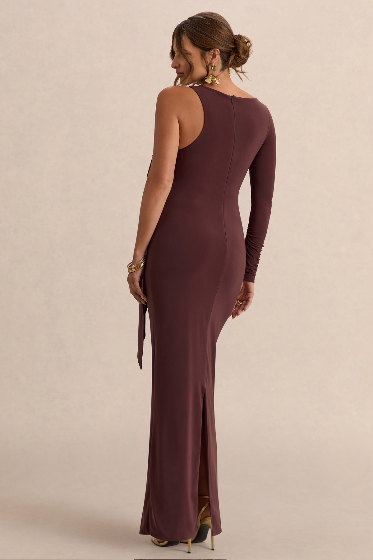 Emanuela Dark Brown Boat-Neck Maternity Maxi Dress With Sash Detail Club L London - USA Emanuela Dark Brown Boat-Neck Maternity Maxi Dress With Sash Detail Club L London - USA