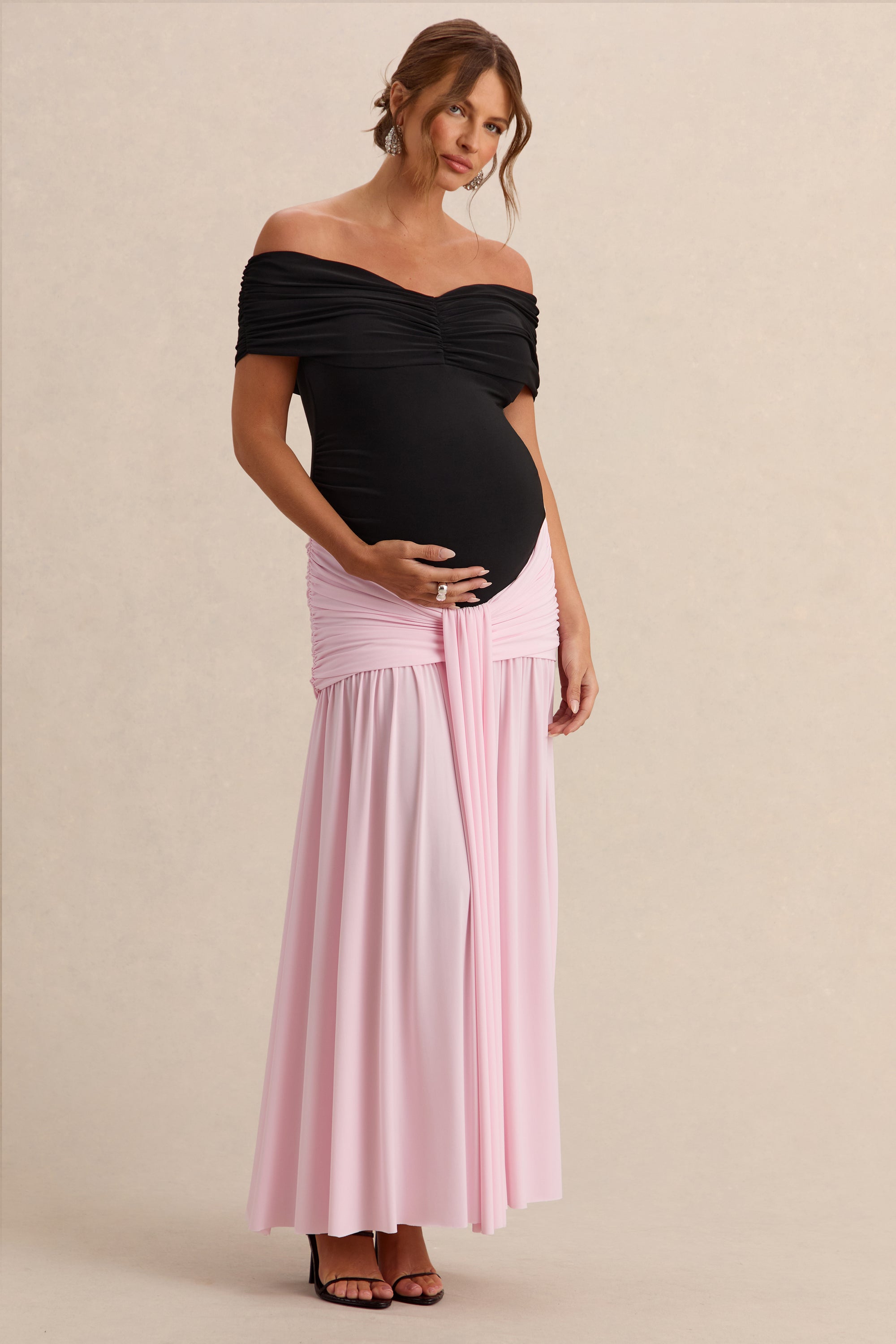 ECM_HR_CL138247081 - Eudora - Black & Light Pink Bardot-Neck Maternity Maxi Dress With Gathered Detailing  1.jpg