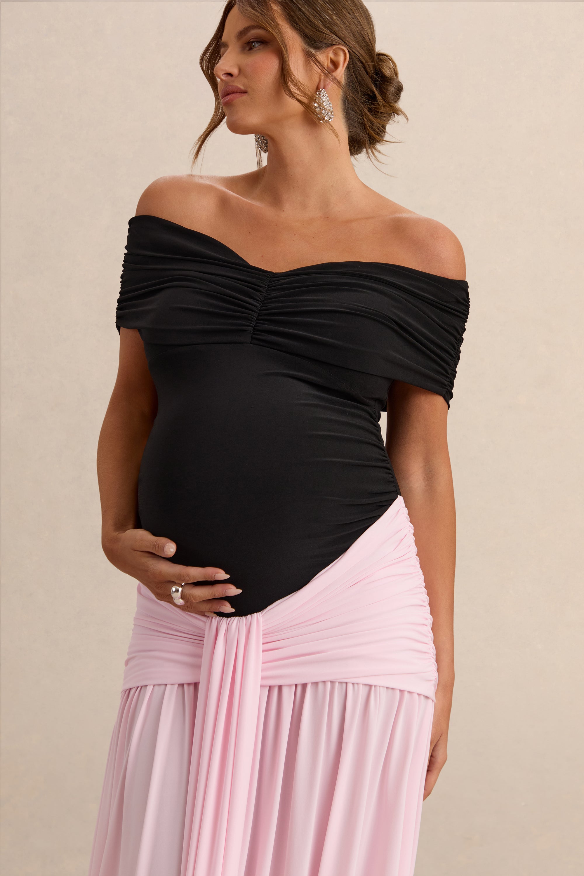 ECM_HR_CL138247081 - Eudora - Black & Light Pink Bardot-Neck Maternity Maxi Dress With Gathered Detailing  2.jpg