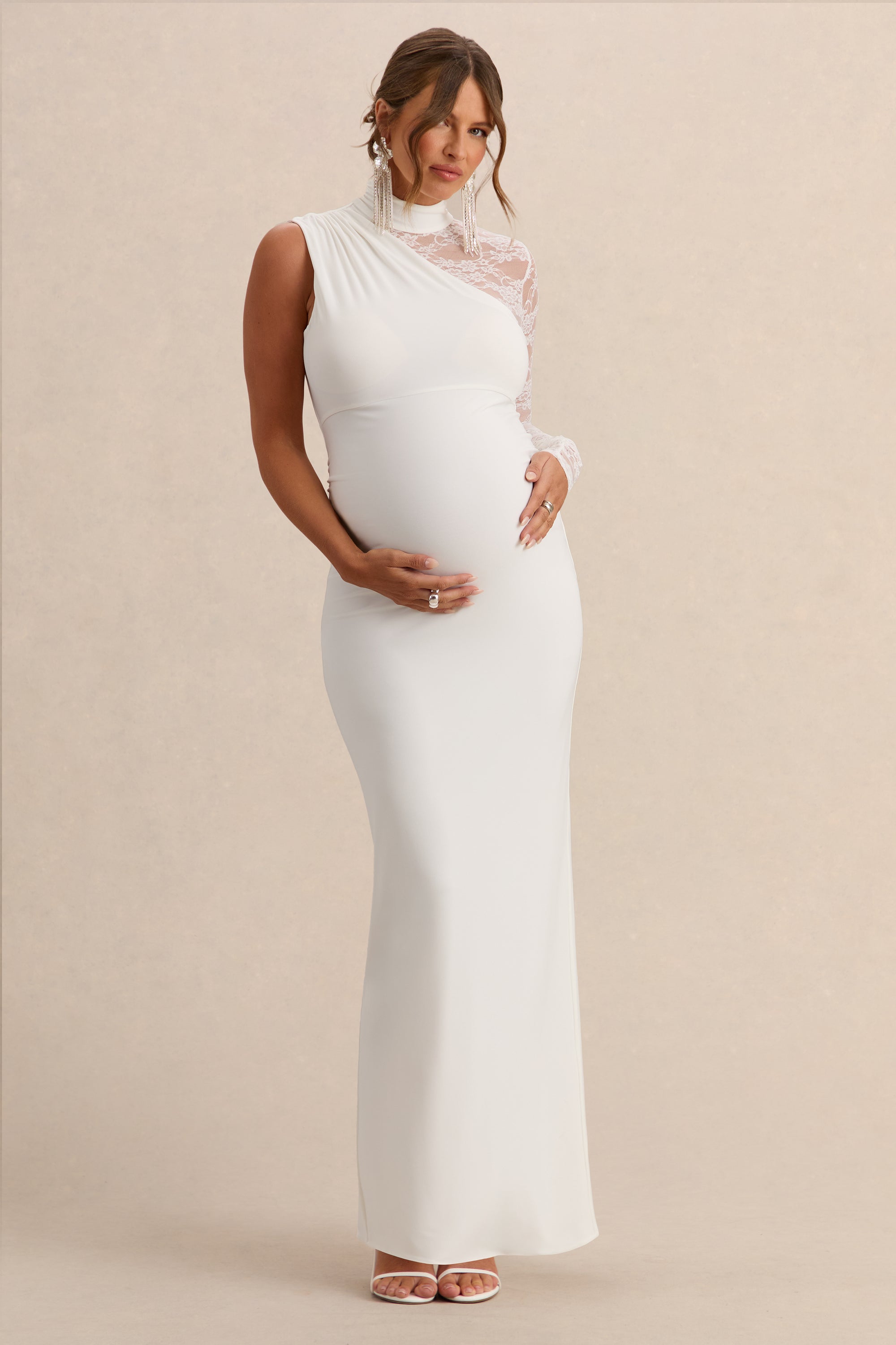 Hartley | White High-Neck Maternity Maxi Dress With Lace Detailing – Club L London