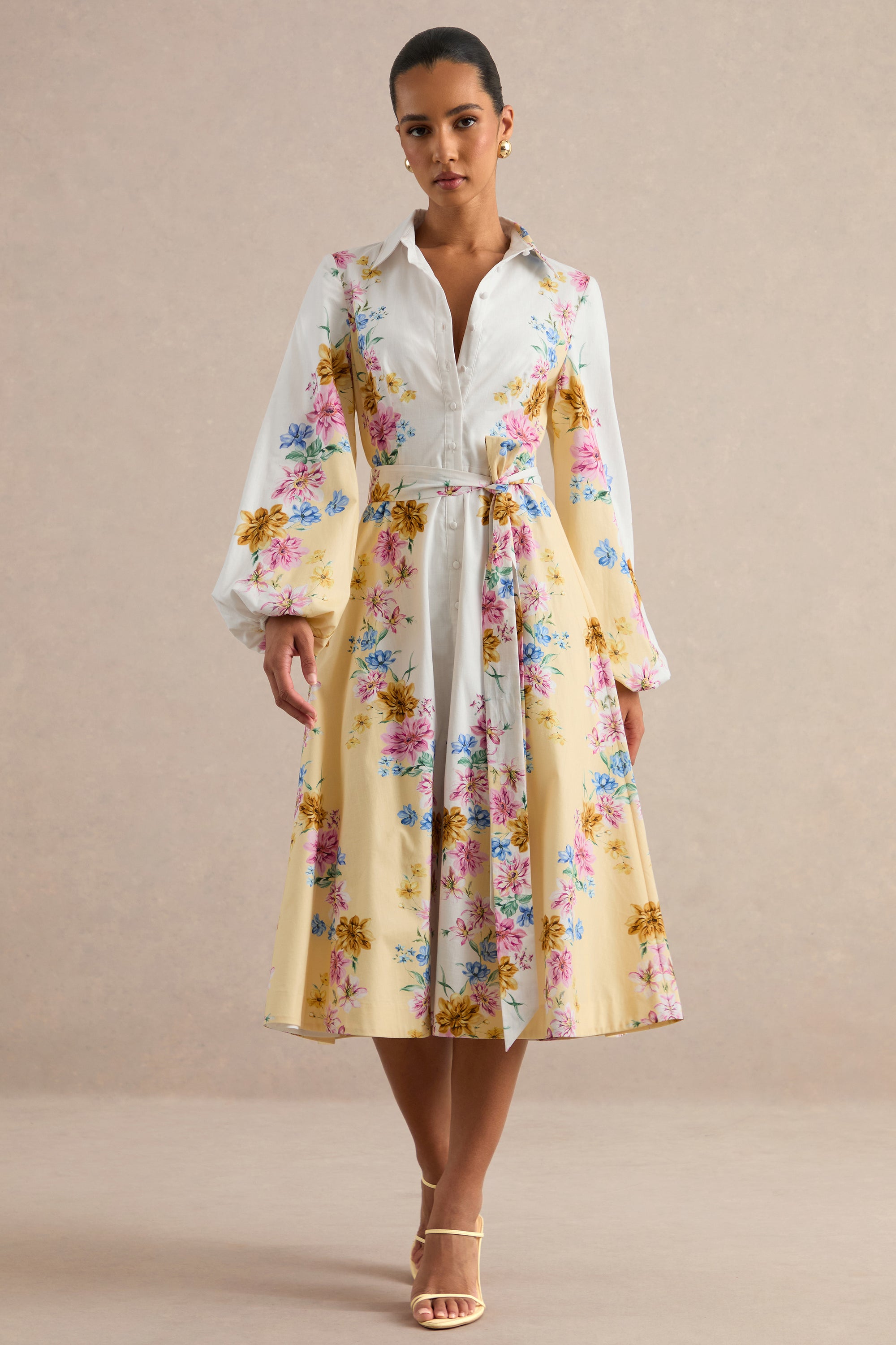 Moira | Lemon Floral Midi Dress With Bell Sleeves – Club L London