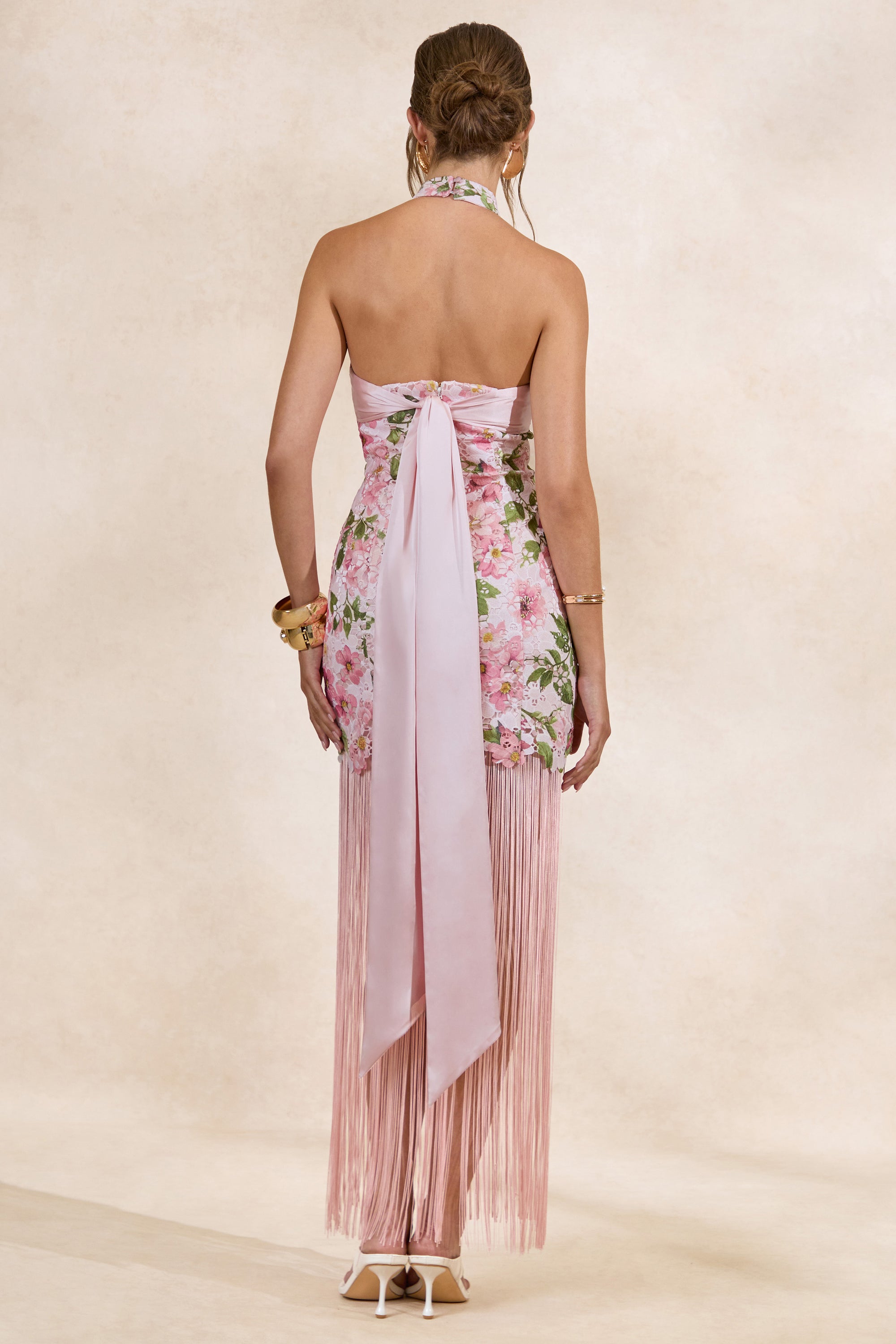 Lerisa | Pink Floral Print Lace Halter-Neck Fringed Maxi Dress – Club L London