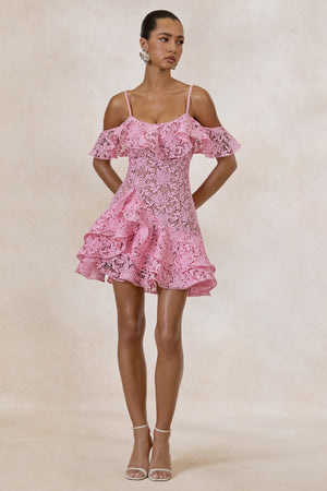 lace mini dress pink Lyris | Scoop-Neck With Ruffled Detailing Sizes:3X-Large Girls 3/4 sleeve dress Size Worn Baltic Born Womens Meghan