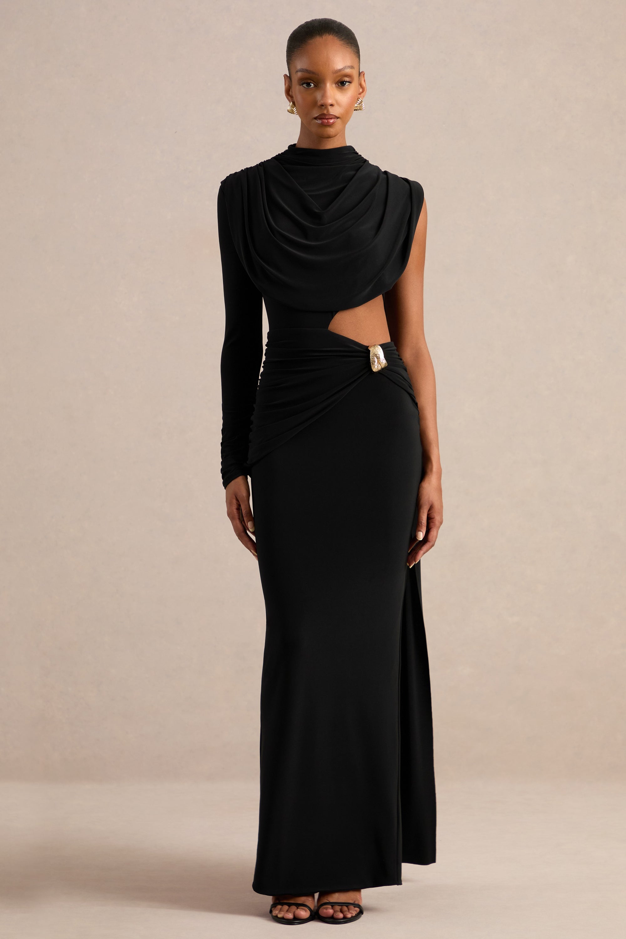 CL138265001 - Esmaria _ Black High-Neck Maxi Dress With Gold Detail And Sash 1.jpg