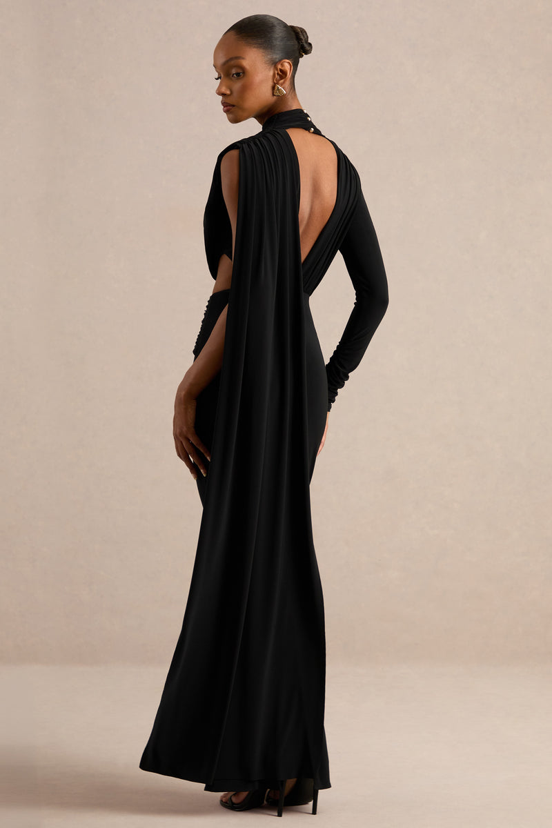 CL138265001 - Esmaria _ Black High-Neck Maxi Dress With Gold Detail And Sash 6.jpg
