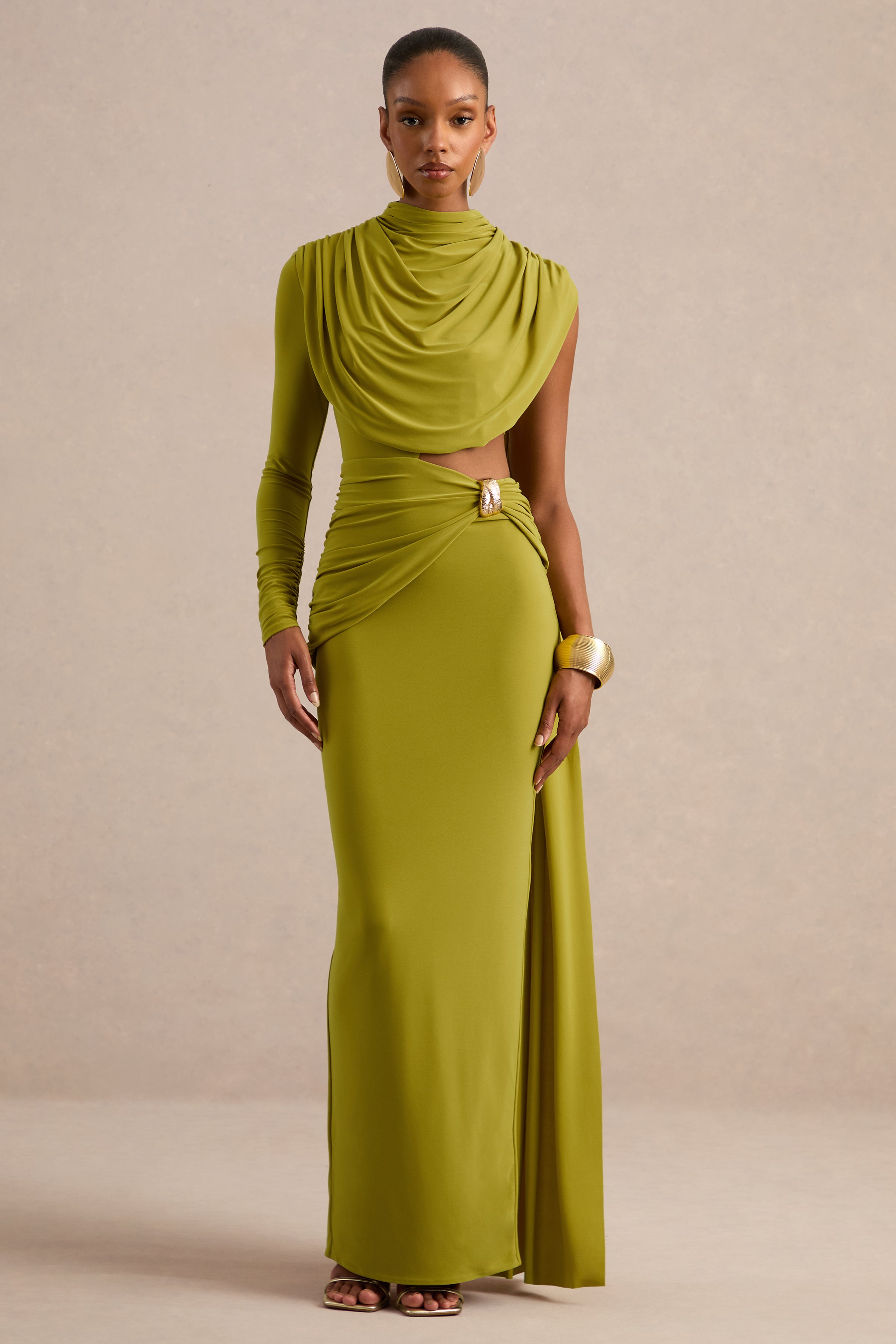 Esmaria | Olive Jersey Ruched High Neck One Sleeve Maxi Dress With