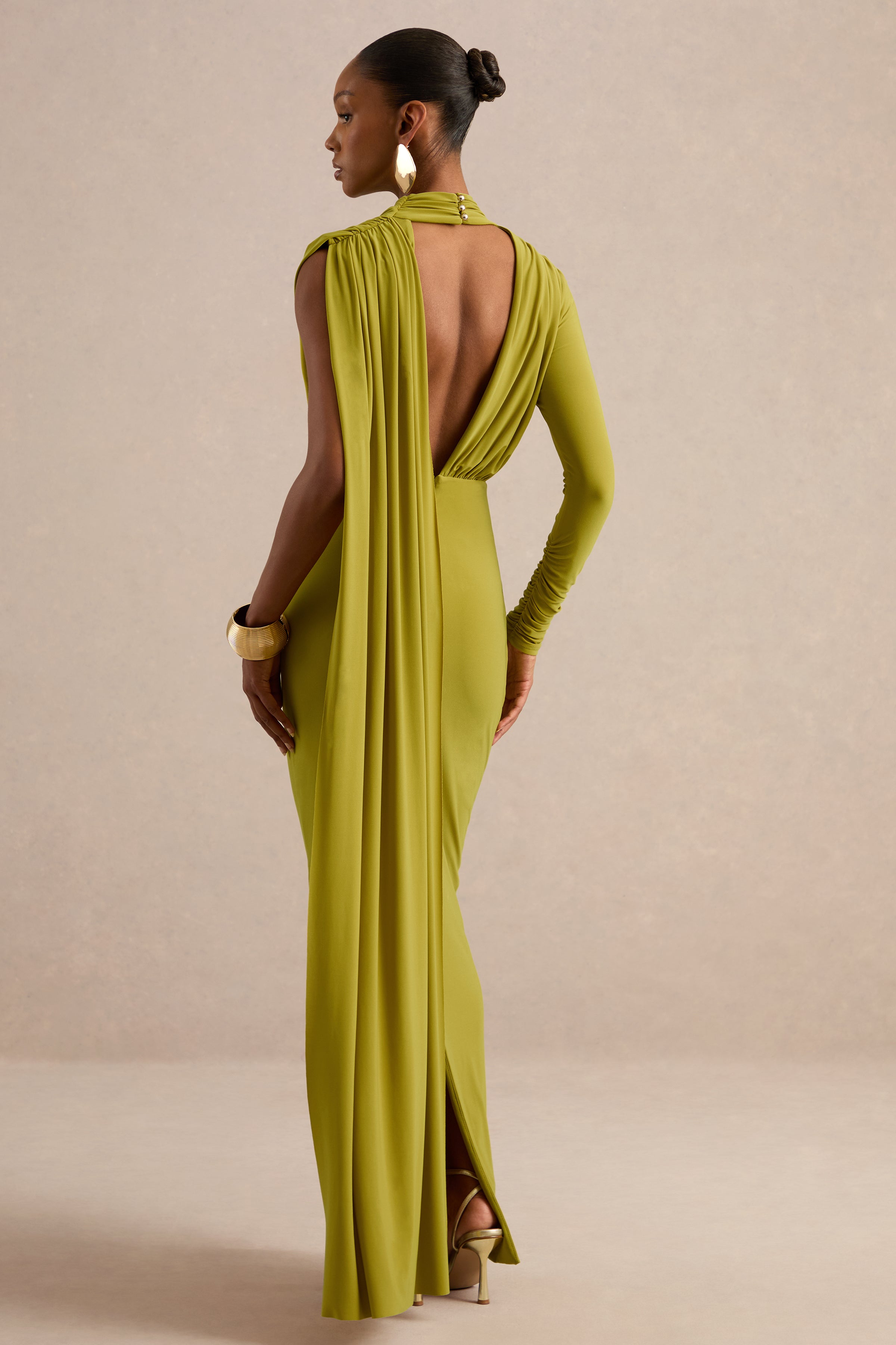 Esmaria | Olive Jersey Ruched High Neck One Sleeve Maxi Dress With