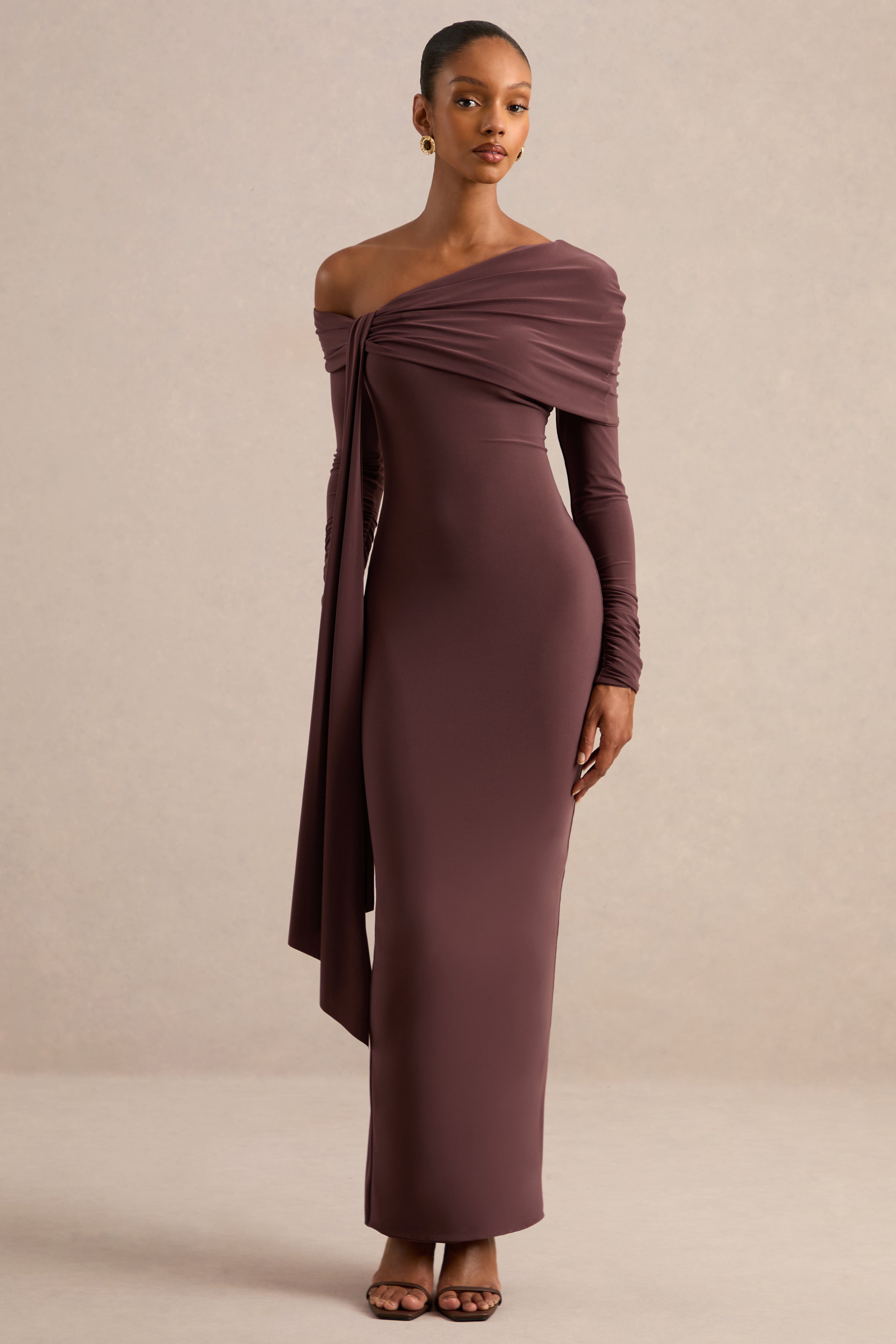 Faeryn | Dark Brown Jersey One Shoulder Long Sleeve Maxi Dress