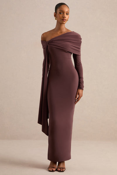 one shoulder long sleeve flowy dress Faeryn | Dark Brown Jersey Maxi With Sa – Club L London AS-SEEN-ON