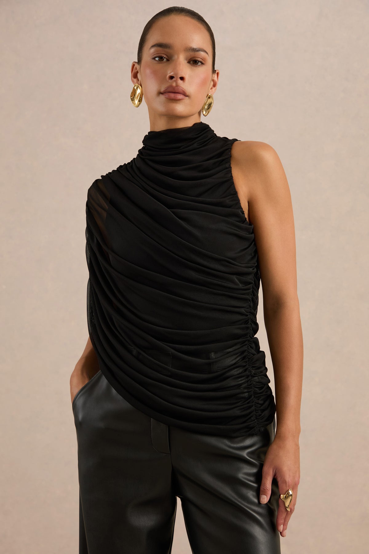 ECM_HR_CL138272001 - Galiana Black Mesh High-Neck Top With Draped Detailing1.jpg
