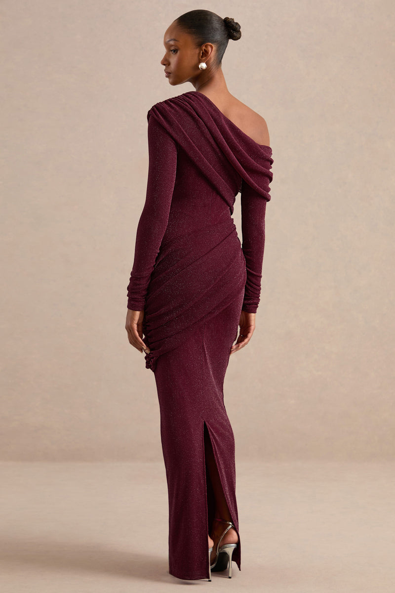 CL13837410206_ECM_HR_CL138374102_Annemarie_Burgundy_Mesh_Asymmetric-Neck_Maxi_Dress_With_Draped_Detailing_45