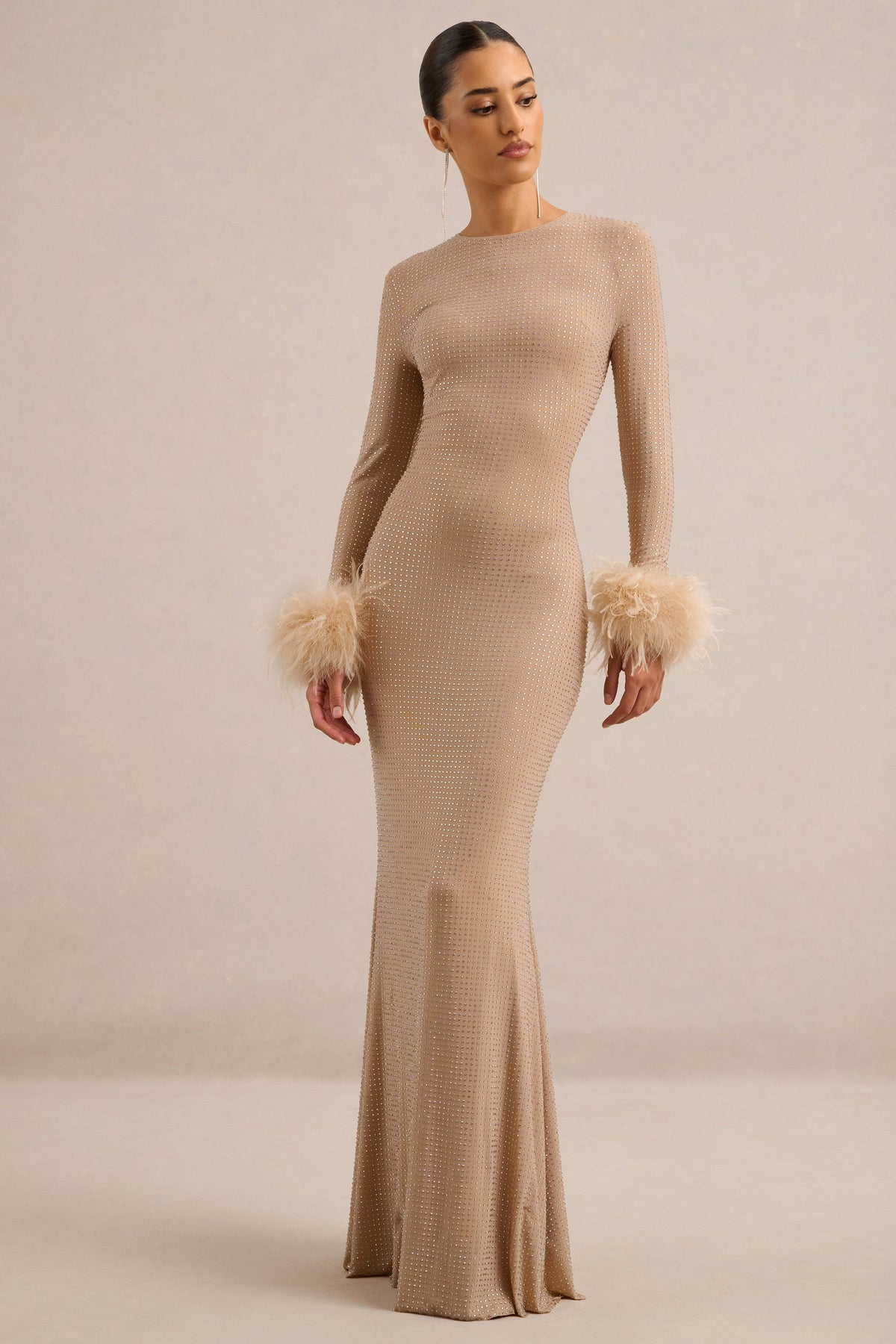 CL13839406006_ECM_HR_CL138394060_-_Garance___Champagne_Hotfix_Round-Neck_Maxi_Dress_With_Feather_Trim_Cuffs0