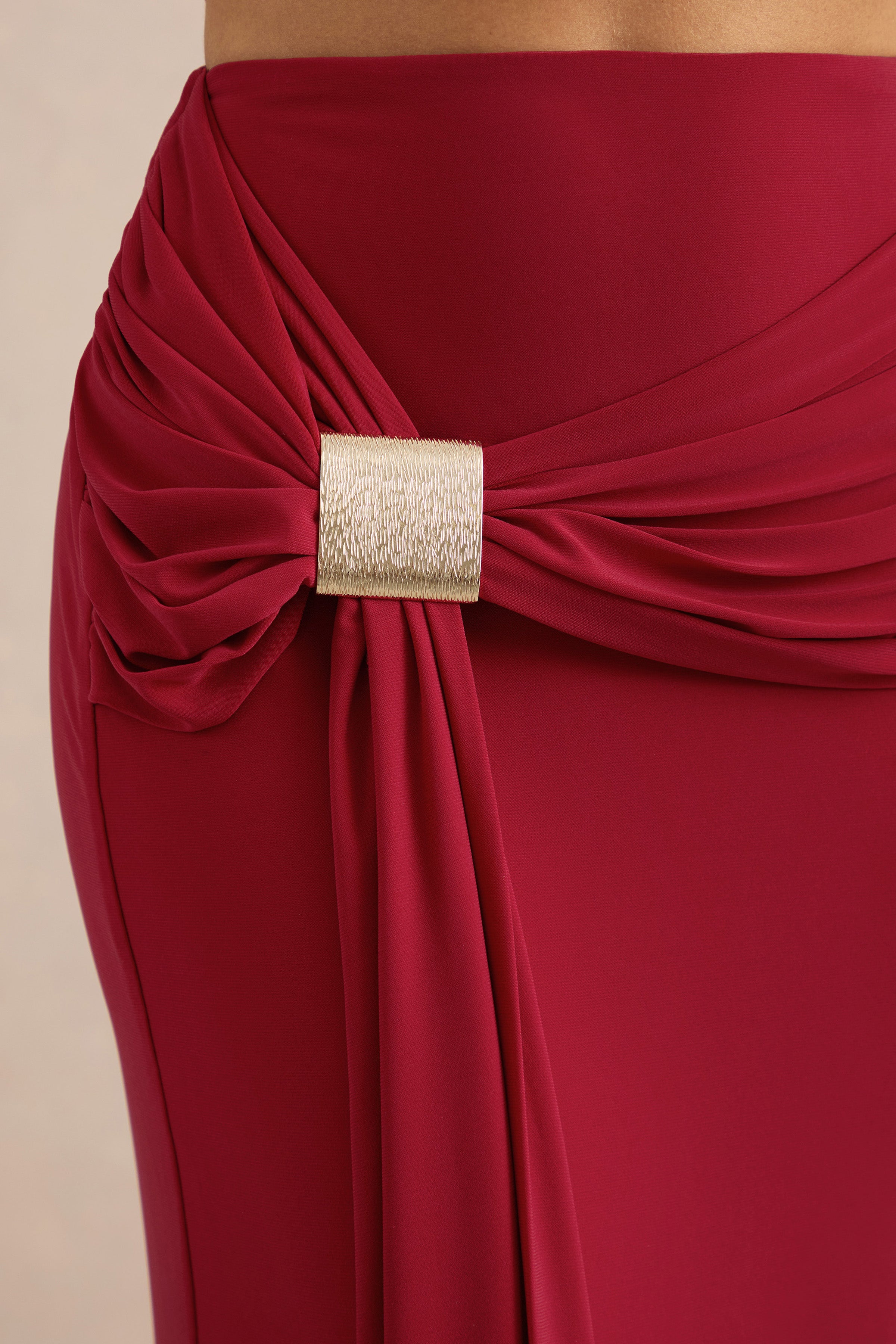 Lilias | Red Jersey Ruched Mid Rise Maxi Skirt With Sash And Gold