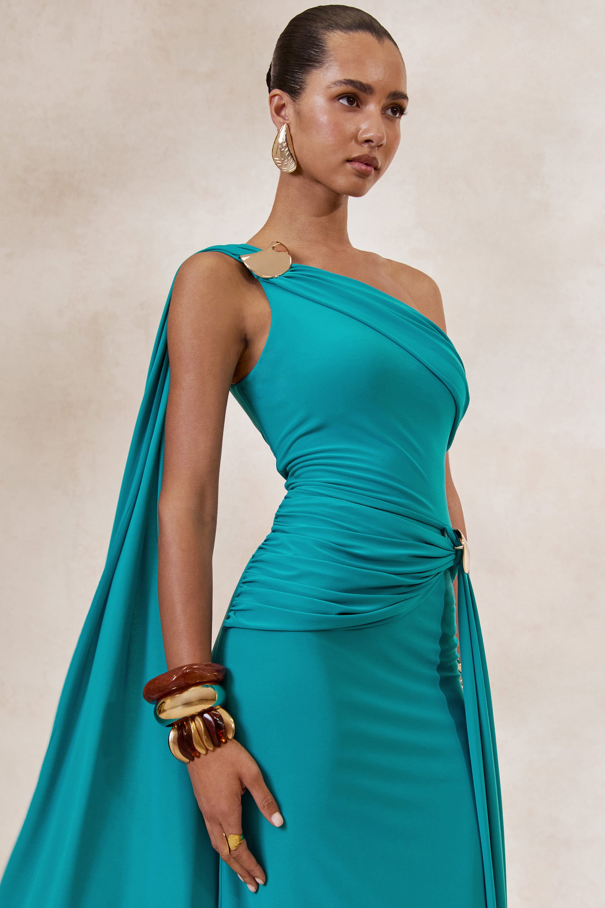 Sariah | Teal Asymmetric-Neck Maxi Dress With Gathered Detailing And G – Club L London