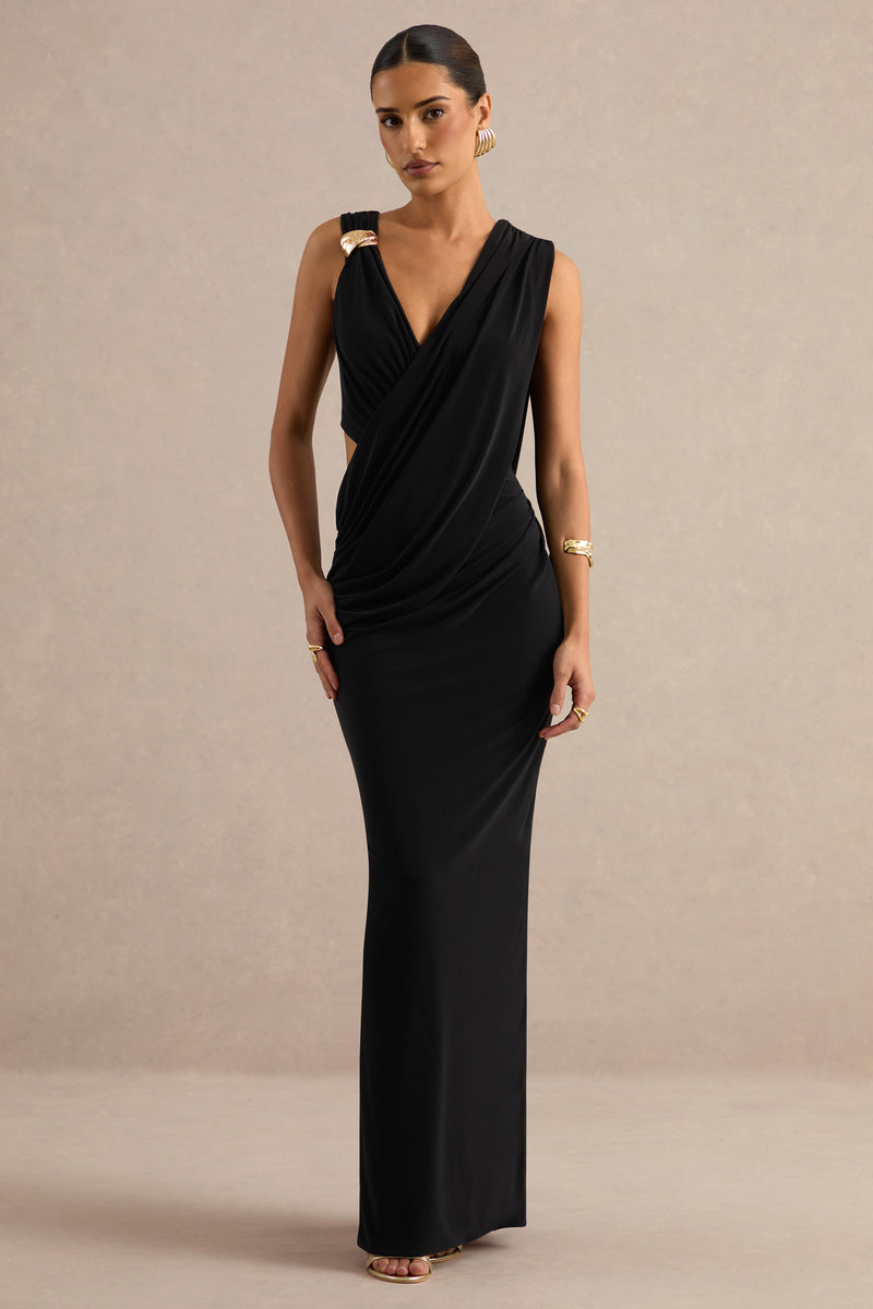 ECM_HR_CL138428001 - Tahlia _ Black Plunge-Neck Maxi Dress With Draped Detailing And Gold Detail 1.jpg