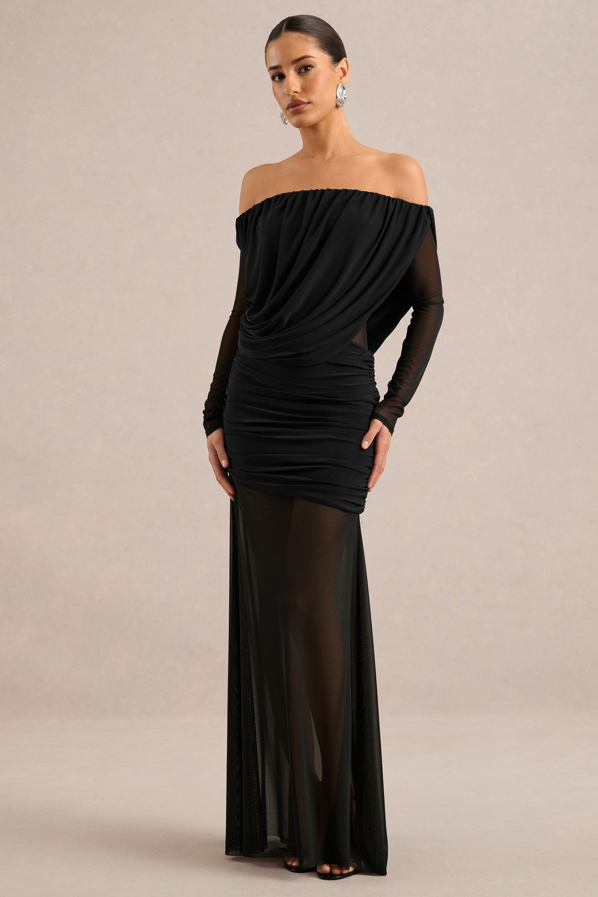 ECM_HR_CL138432001 - Amaline | Black Mesh Bardot-Neck Maxi Dress With Draped Detailing0.jpg