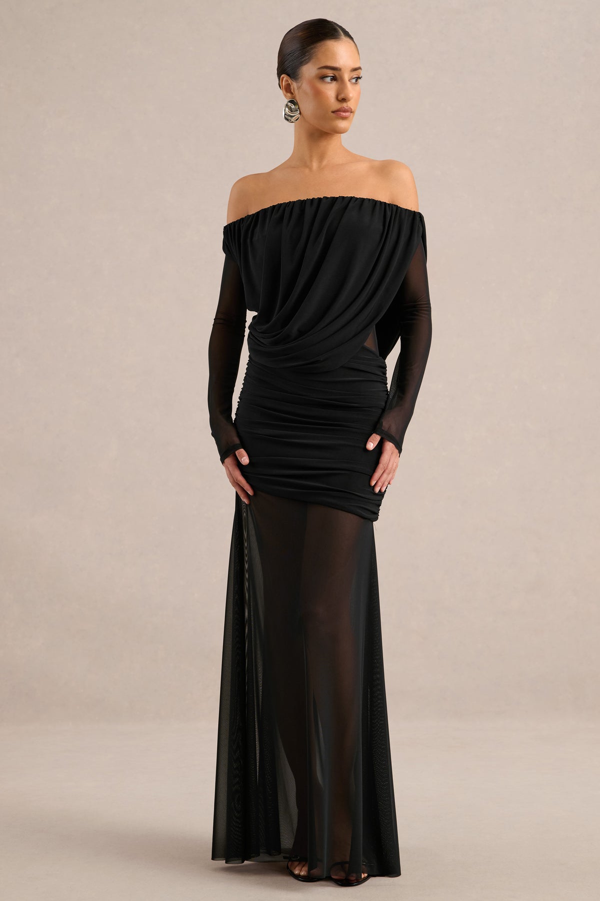 ECM_HR_CL138432001 - Amaline | Black Mesh Bardot-Neck Maxi Dress With Draped Detailing1.jpg