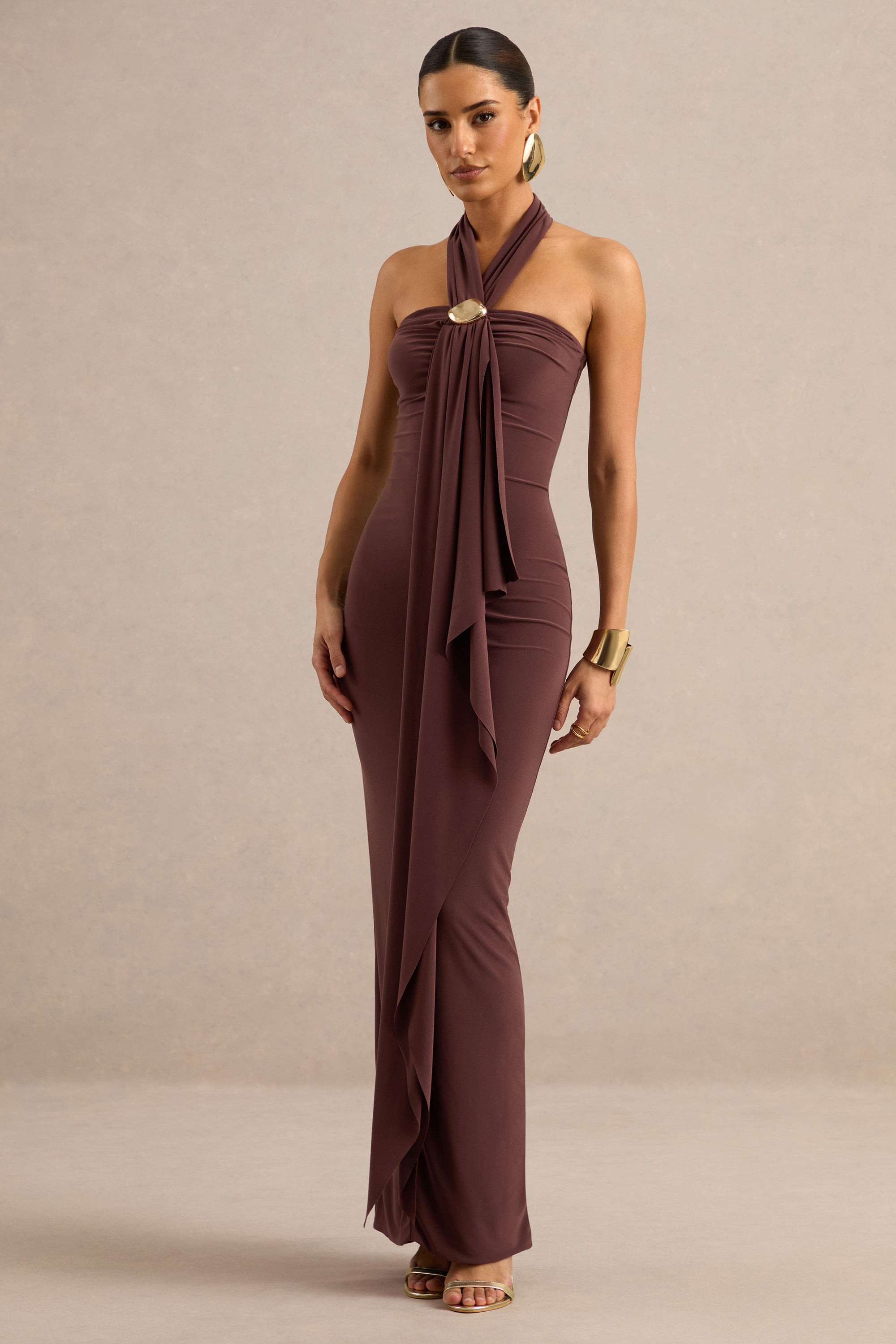 ECM_HR_CL138440022 - Delaina | Dark Brown Halter-Neck Maxi Dress With Gold Detail And Sash 1.jpg