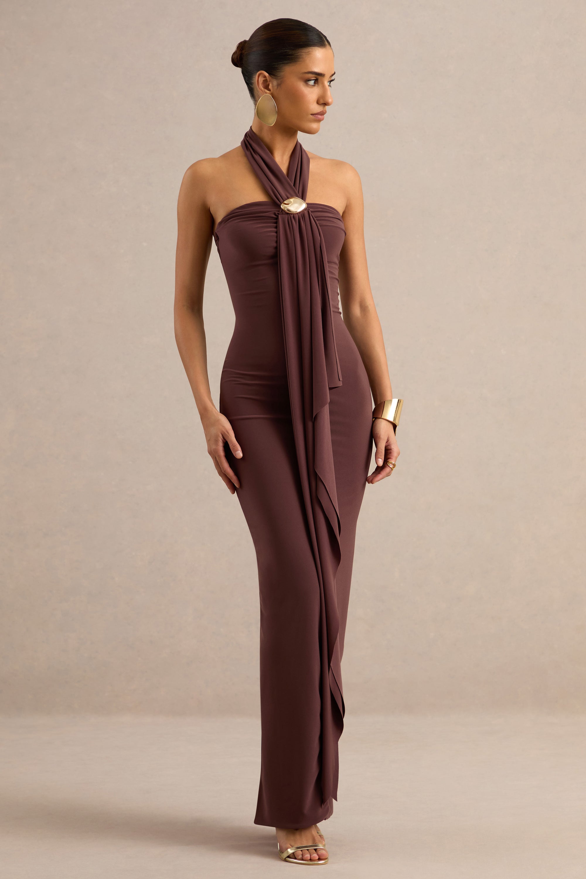 ECM_HR_CL138440022 - Delaina | Dark Brown Halter-Neck Maxi Dress With Gold Detail And Sash 2.jpg