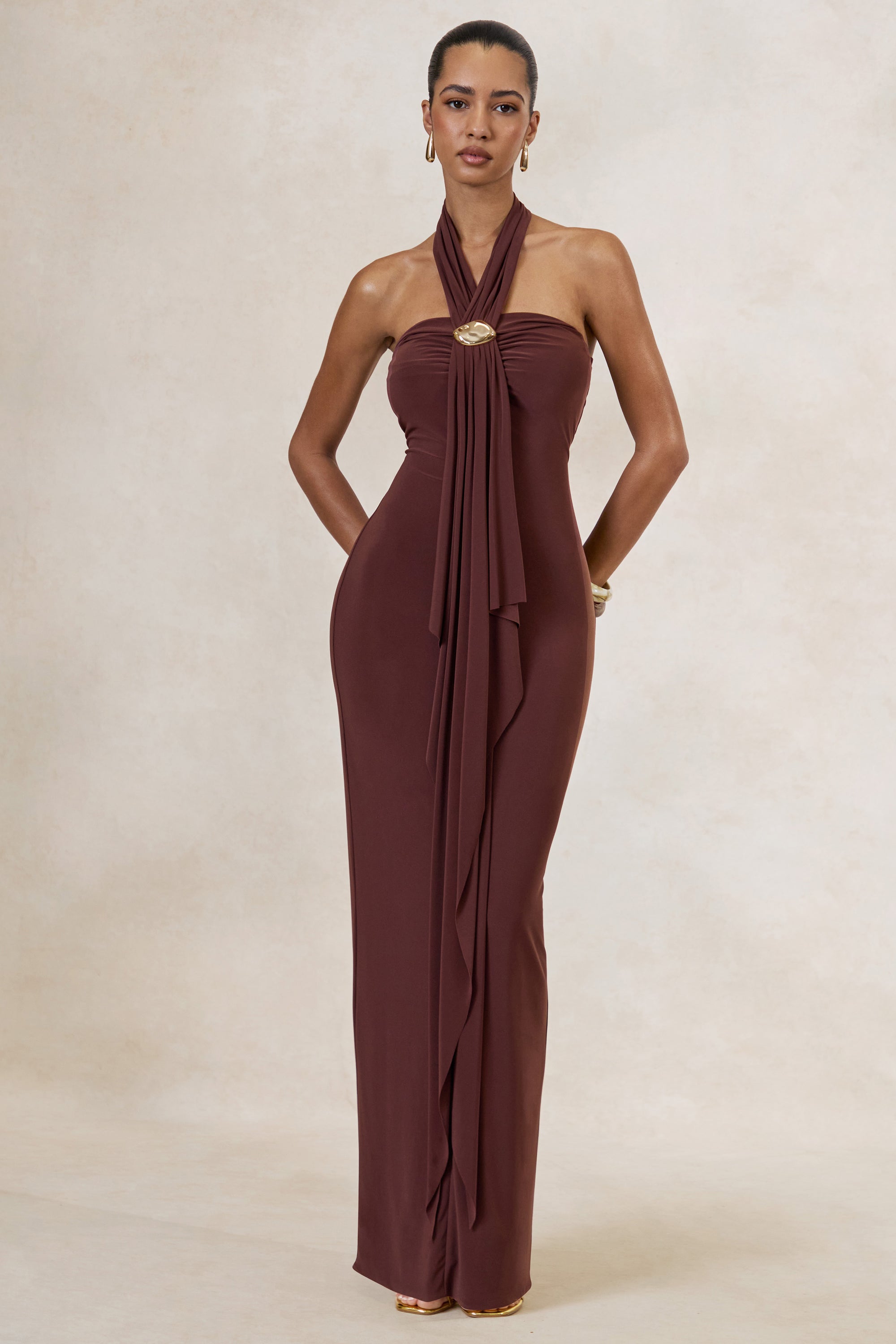dark brown halter dress Halter Pearl Embellished Maxi Velvet Dress Dark Brown