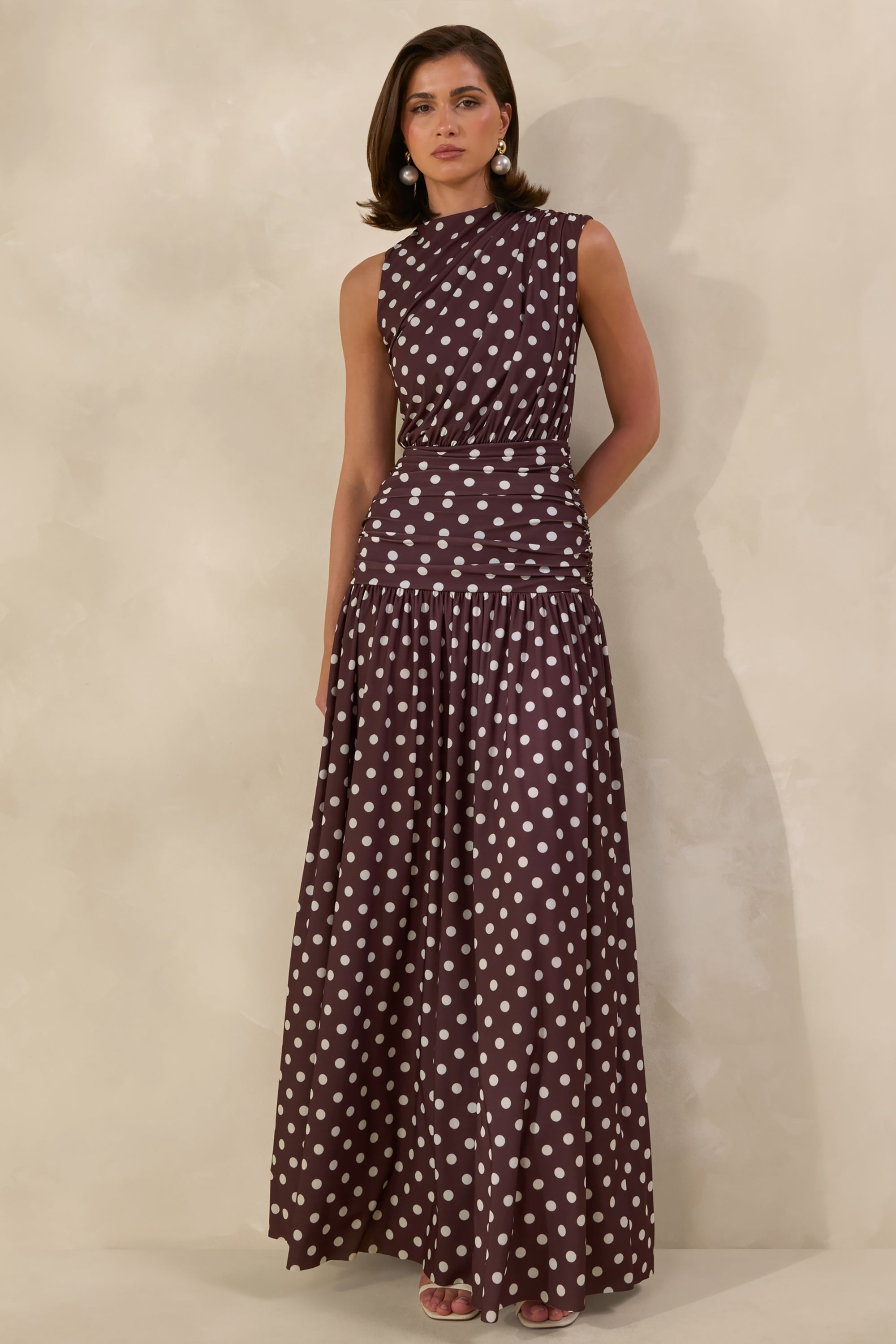 Kelis | Brown Polka-Dot High-Neck Maxi Dress With Draped Detailing – Club L London