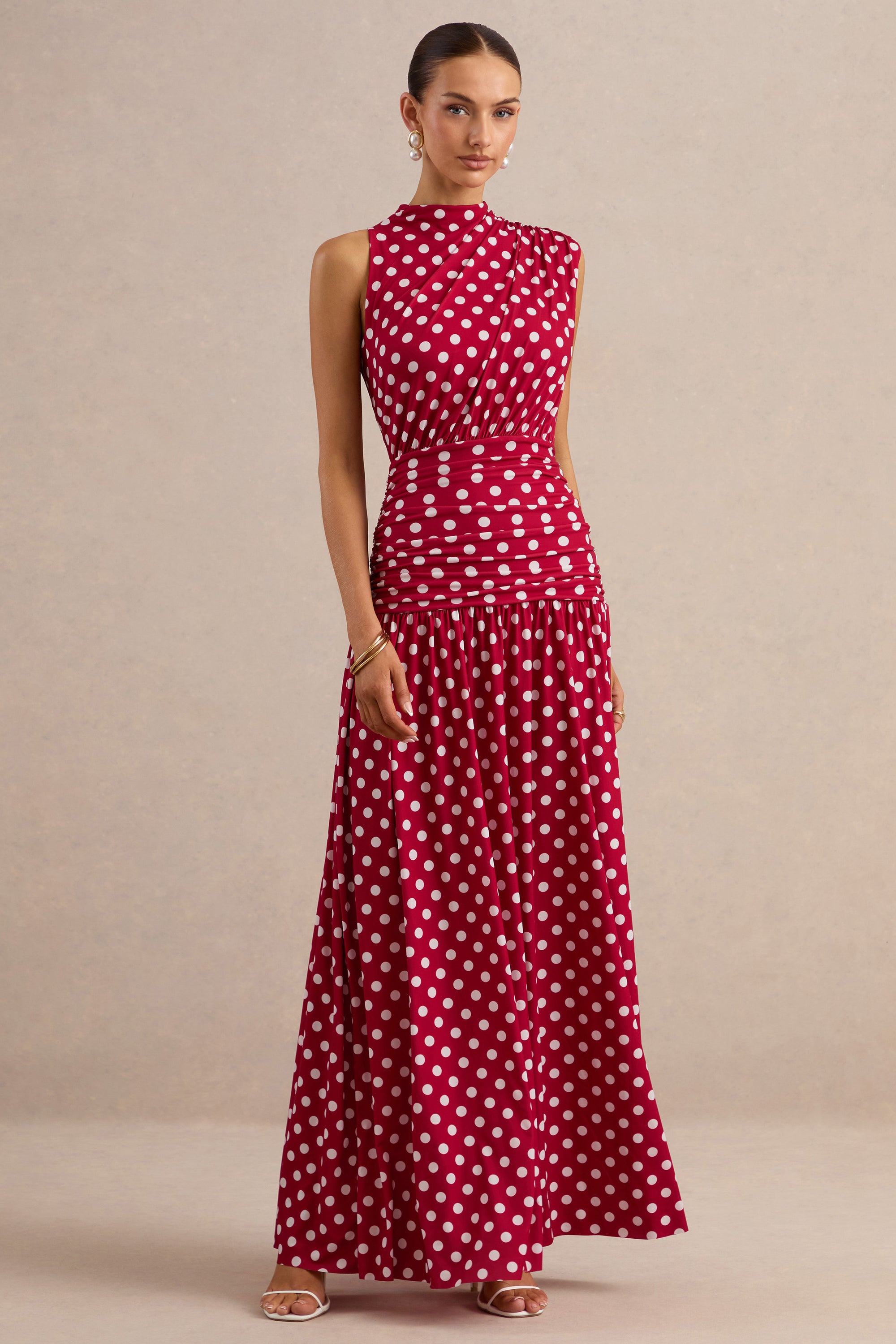 ECM_HR_CL138444100  - Kelis _ Red Polka-Dot High-Neck Maxi Dress With Draped Detailing 1.jpg
