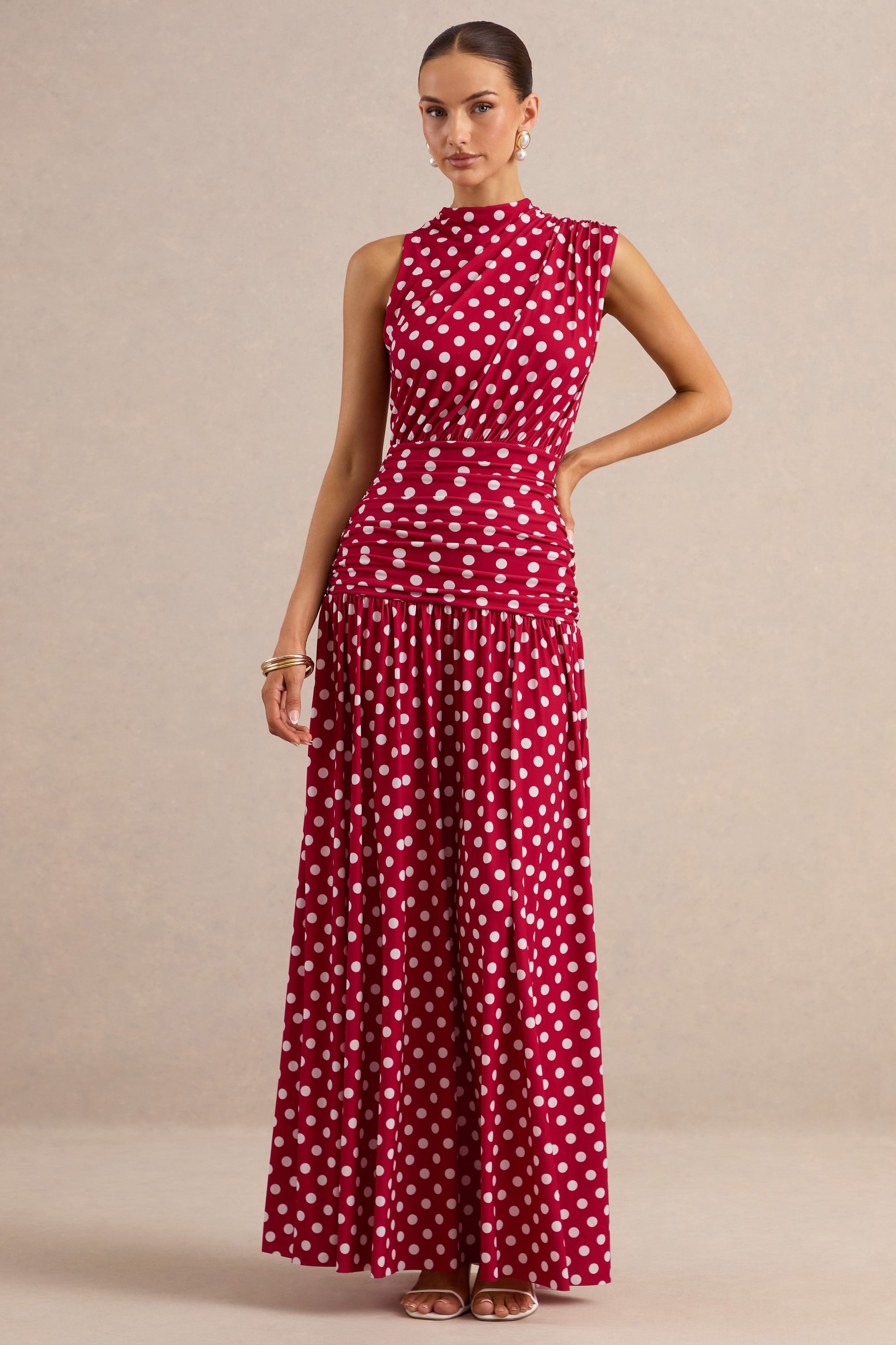 ECM_HR_CL138444100  - Kelis _ Red Polka-Dot High-Neck Maxi Dress With Draped Detailing 2.jpg