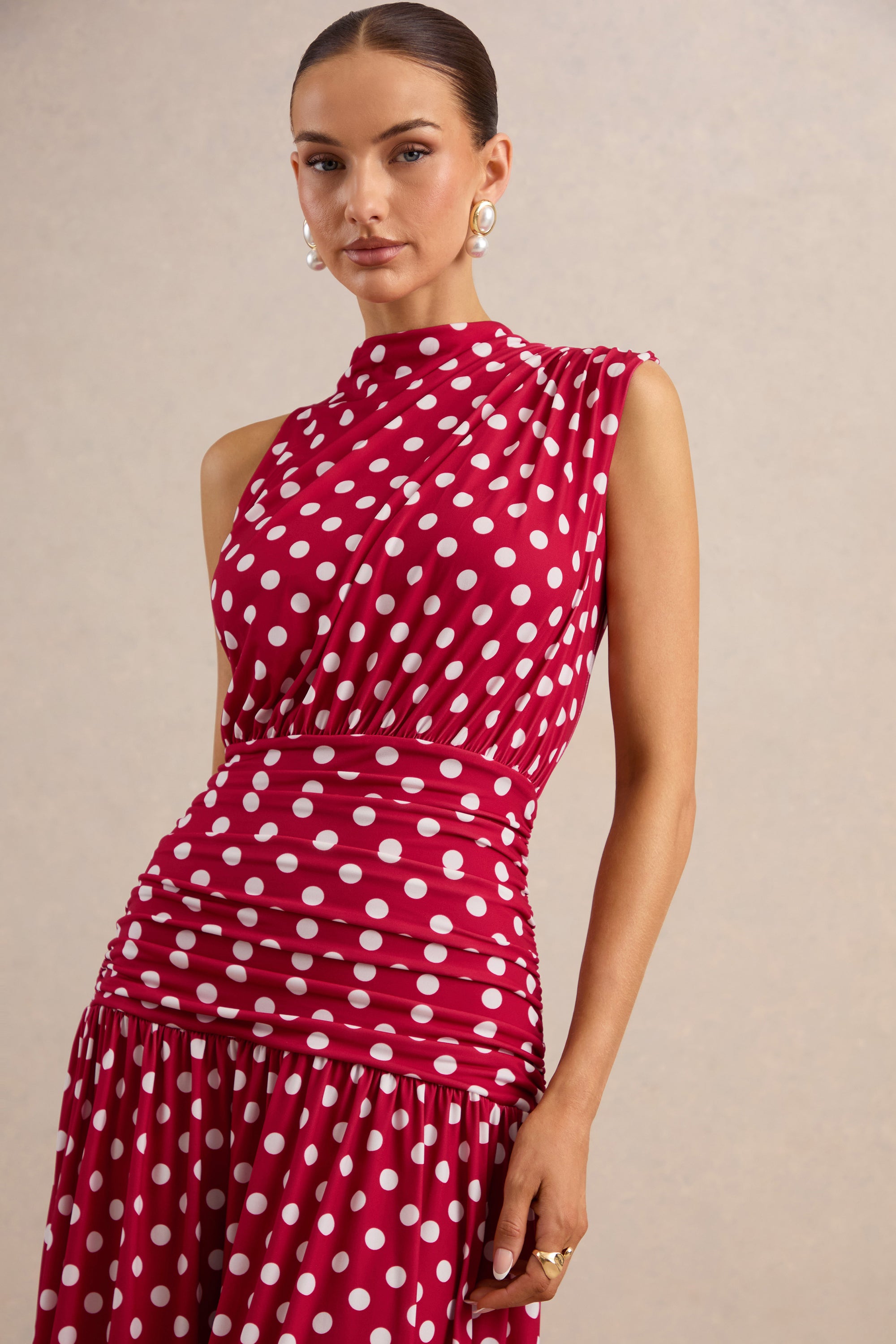 ECM_HR_CL138444100  - Kelis _ Red Polka-Dot High-Neck Maxi Dress With Draped Detailing 3.jpg