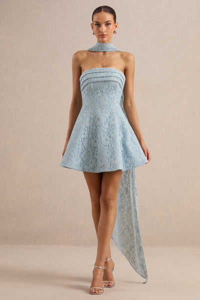 embellished lace bandeau mini dress in blue Elvara | Light Bandeau-Neck With Scarf Detail – Club L London color_#00FF00 Choose Size:EU37 - UK4 - US6 Hidden back zipper Green Embellished Fitted Short
