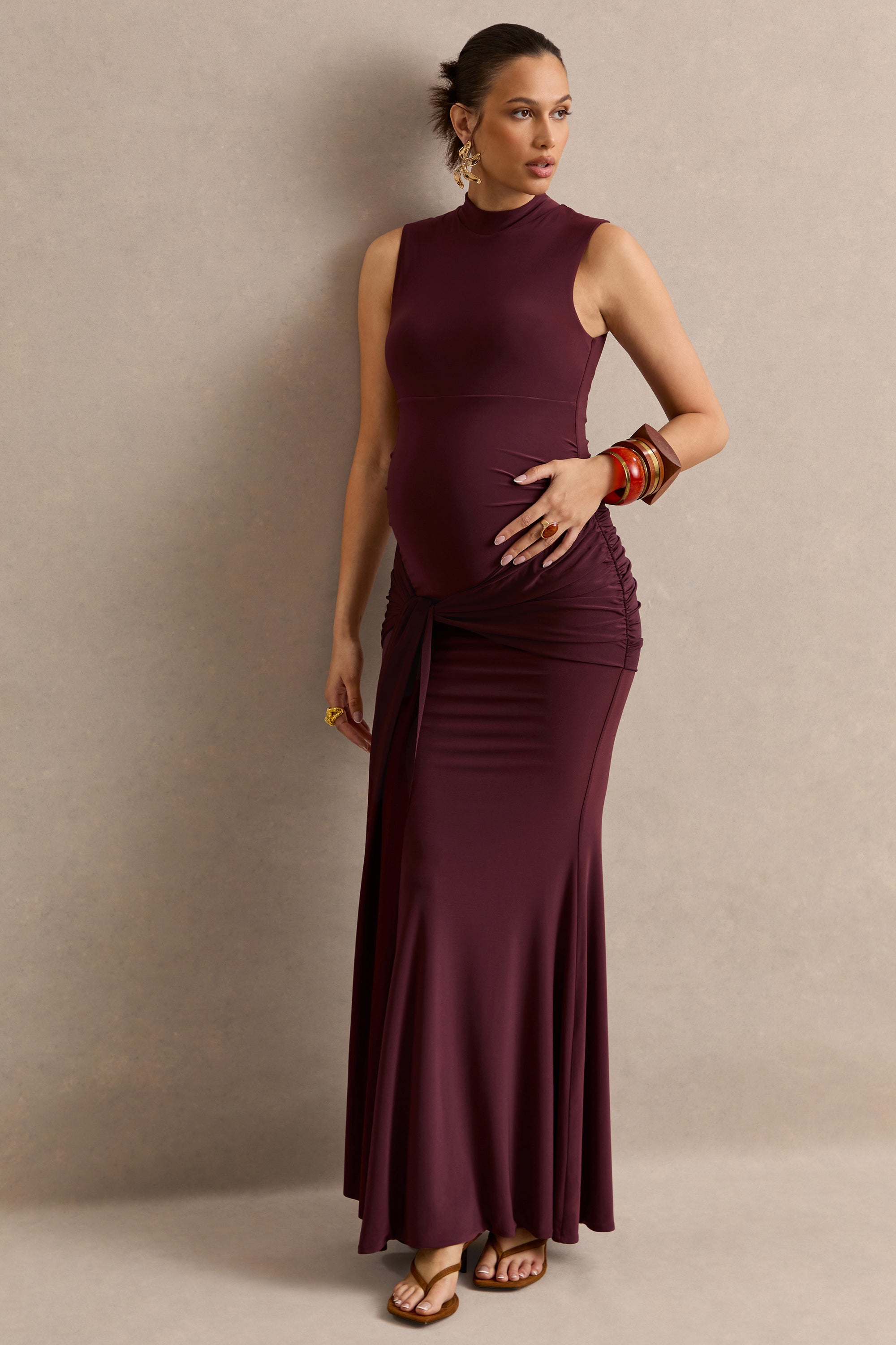 ECM_HR_CL138467022 - Ralina Dark Brown High-Neck Maternity Maxi Dress With Satin Tied Sash Detail4.jpg