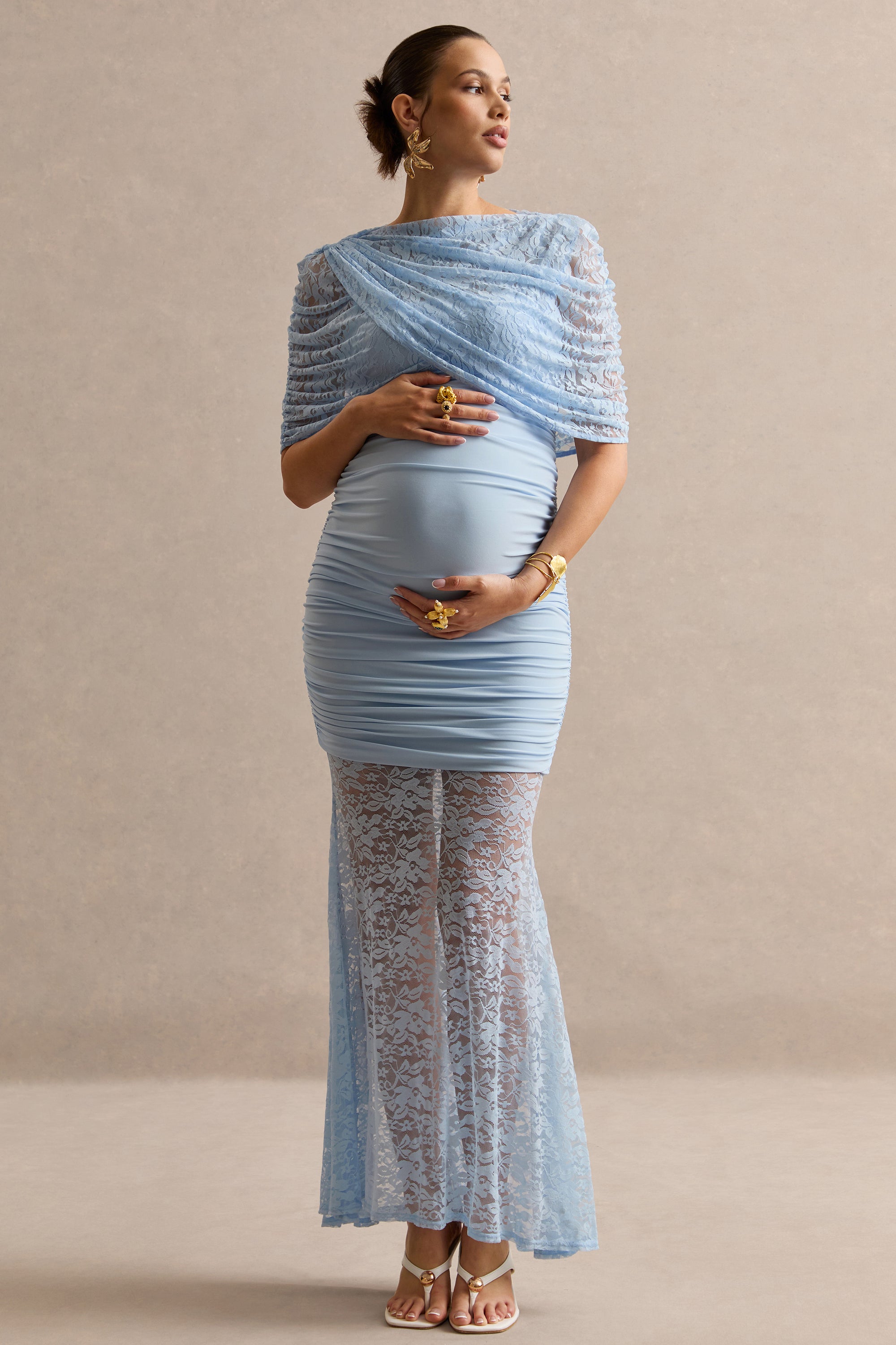 Bronta | Light BLUE Lace High-Neck Maternity Maxi Dress With Short Cape And Sheer Skirt
