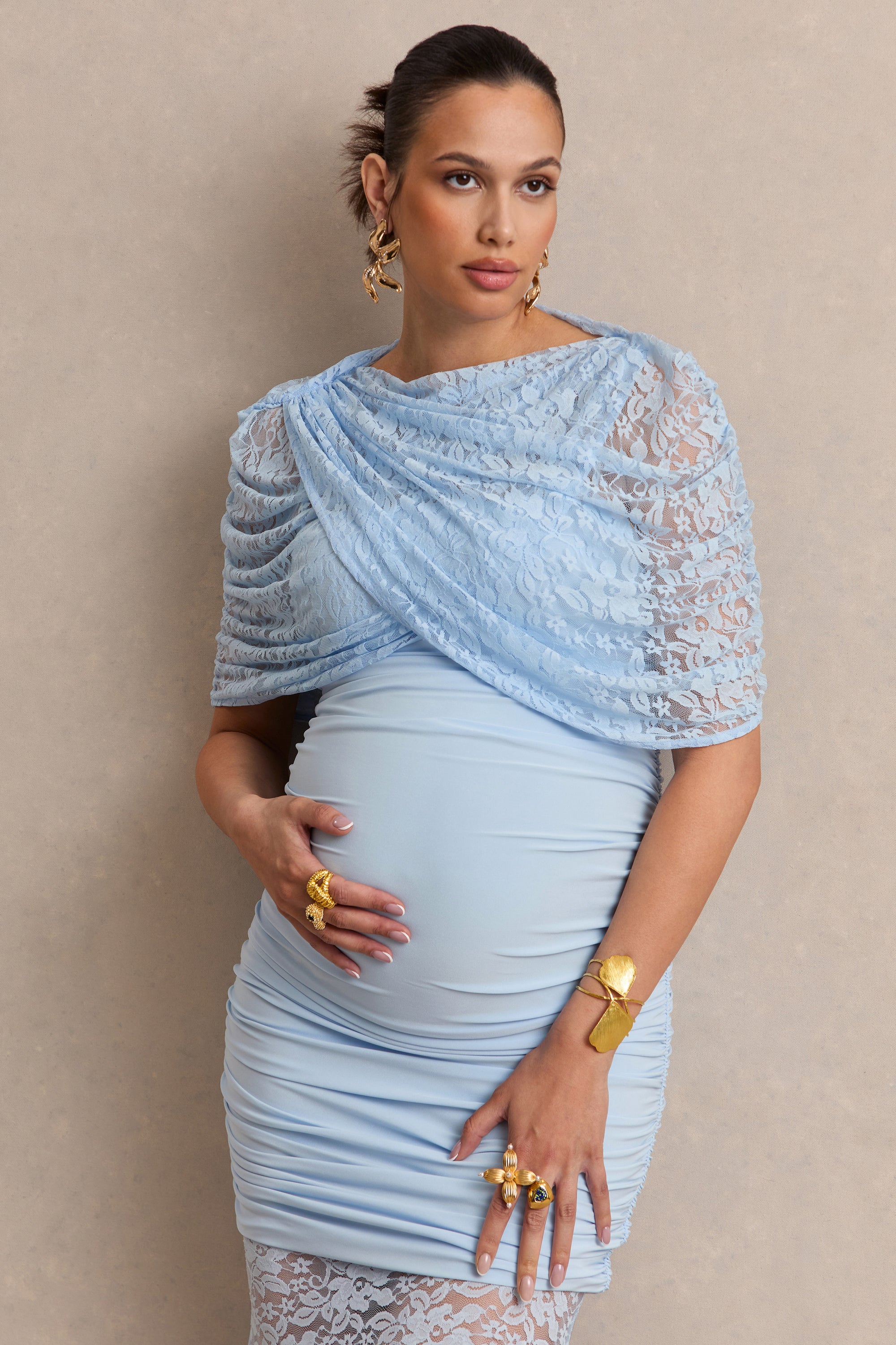 light blue lace maternity dress Momyknows Elegant Light Blue Halter Neck Side Slit Lace-Up Backless Baby Shower Maternity Maxi Dress, Light Blue / S