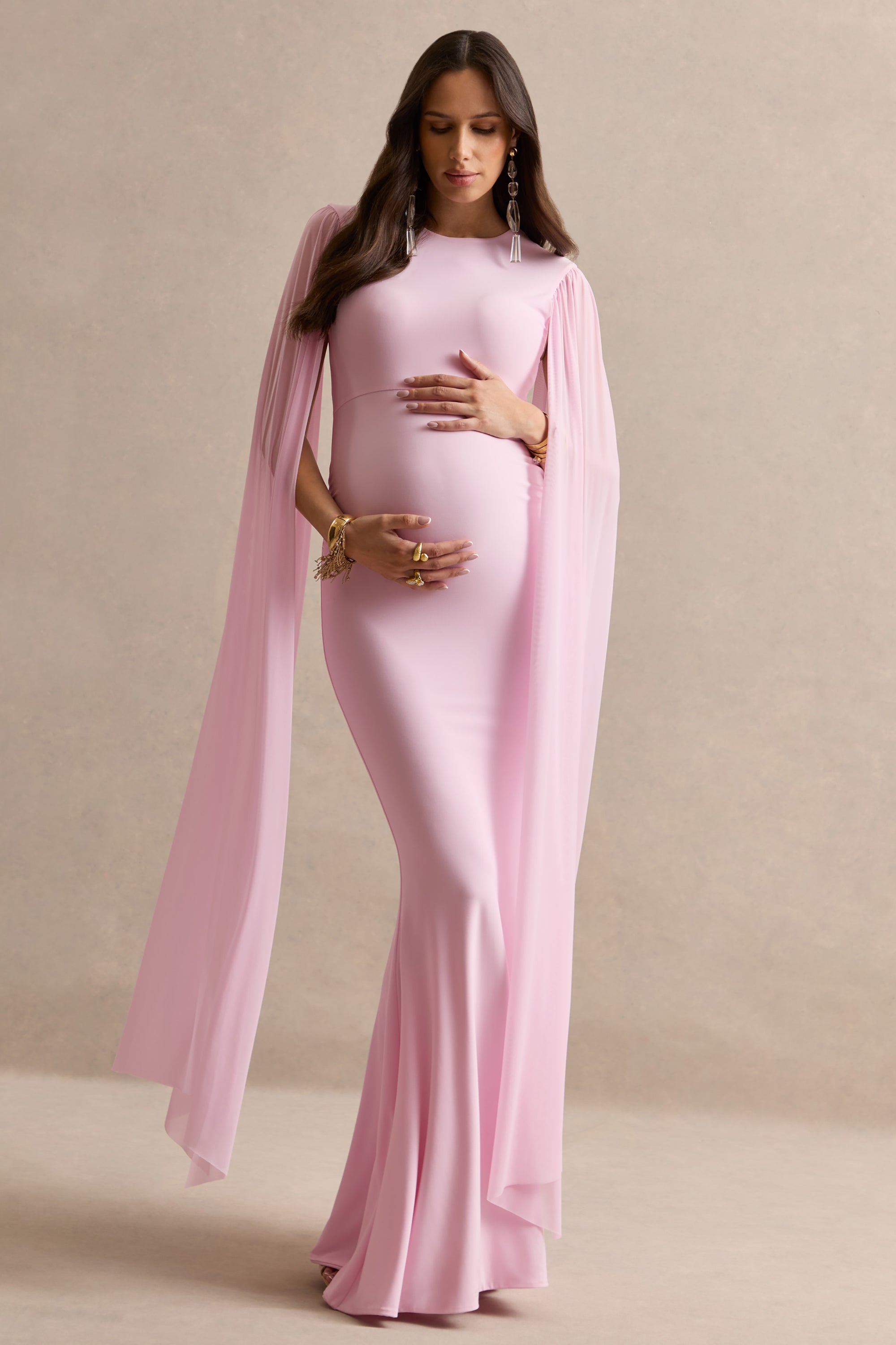 Calitheia | Light PINK Round-Neck Maternity Maxi Dress With Long Floaty Mesh Sleeves