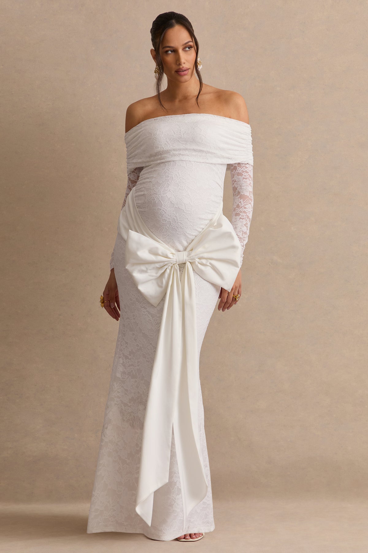 maternity dresses white lace Solina White Lace Bardot-Neck Maternity Maxi Dress With Bow Detail – Club L London