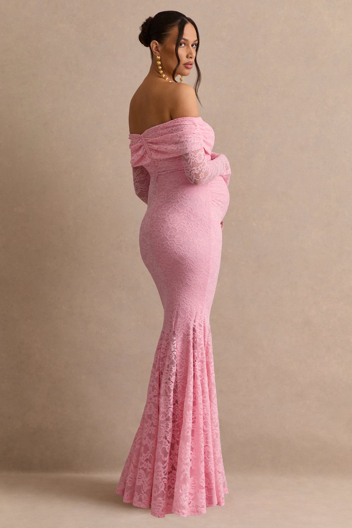 pink lace maternity dress Valleria Light Pink Lace Bardot-Neck Maternity Maxi Dress – Club L London