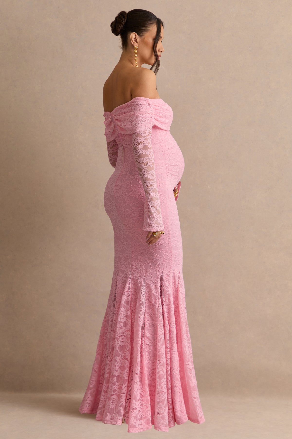pink lace maternity dress Valleria Light Pink Lace Bardot-Neck Maternity Maxi Dress – Club L London