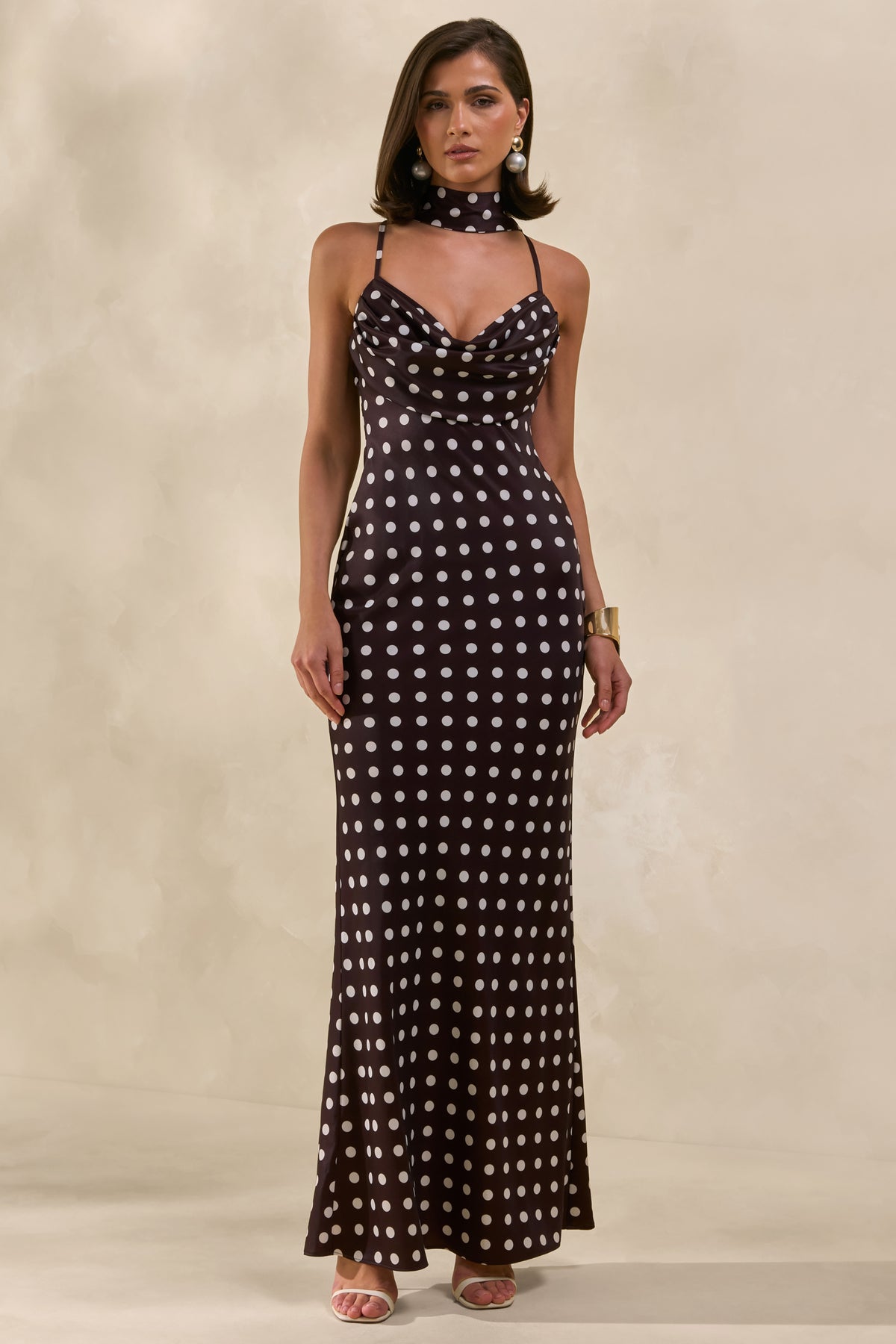 Emaria Brown Polka-Dot Satin Cowl-Maxi Dress With Scarf – Club L London
