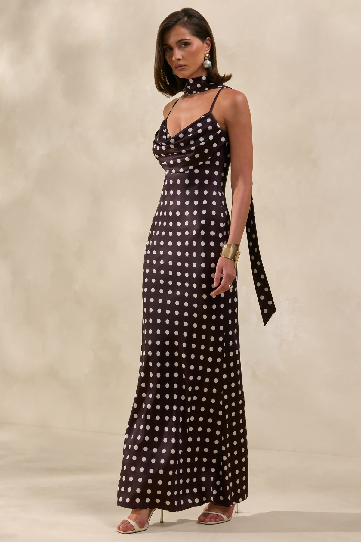 polka dot dress formal Emaria Brown Polka-Dot Satin Cowl-Maxi Dress With Scarf – Club L London