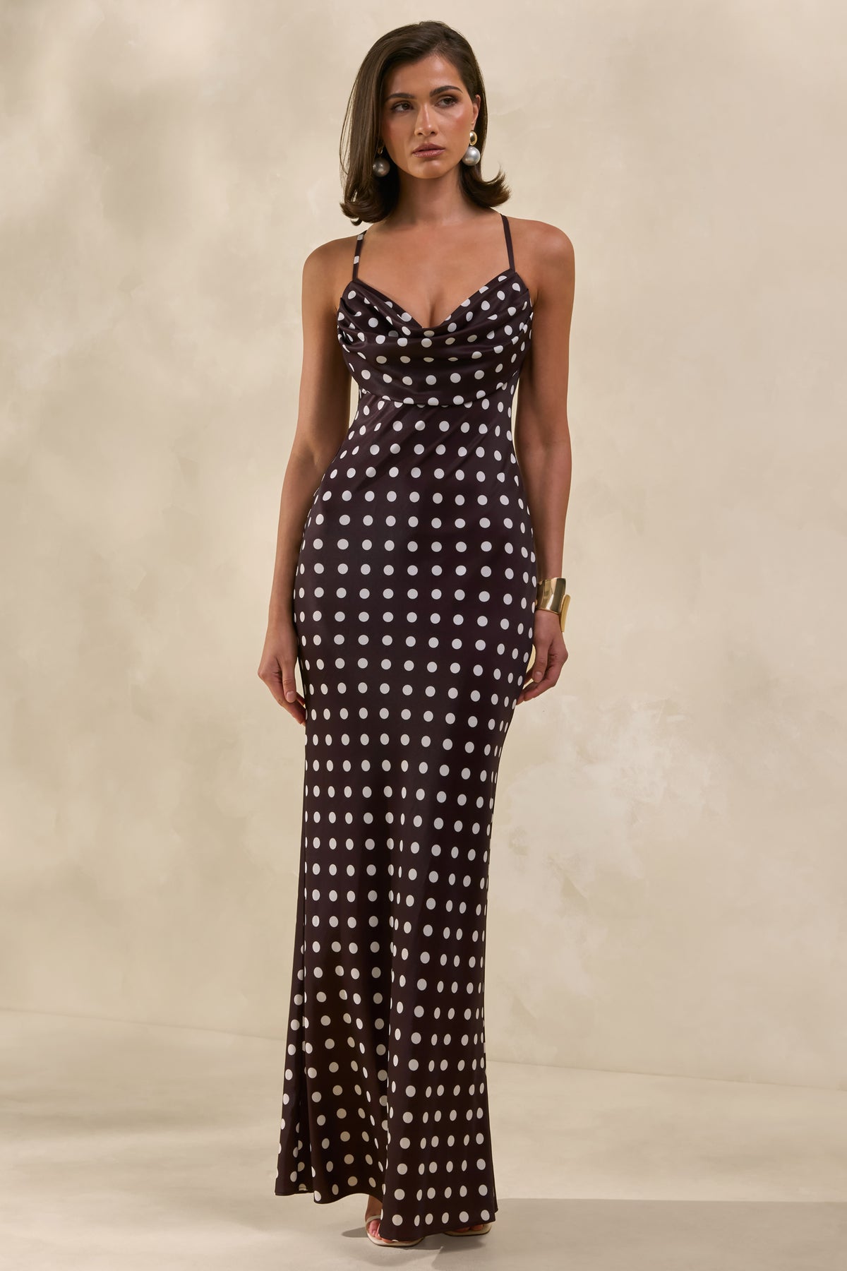Emaria Brown Polka-Dot Satin Cowl-Maxi Dress With Scarf  Club L London -  USA