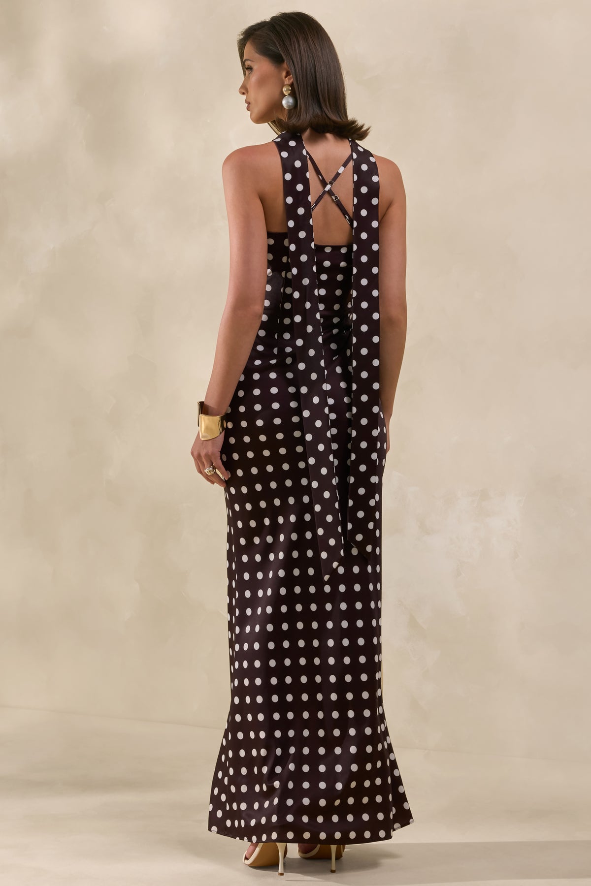 Emaria Brown Polka-Dot Satin Cowl-Maxi Dress With Scarf – Club L London