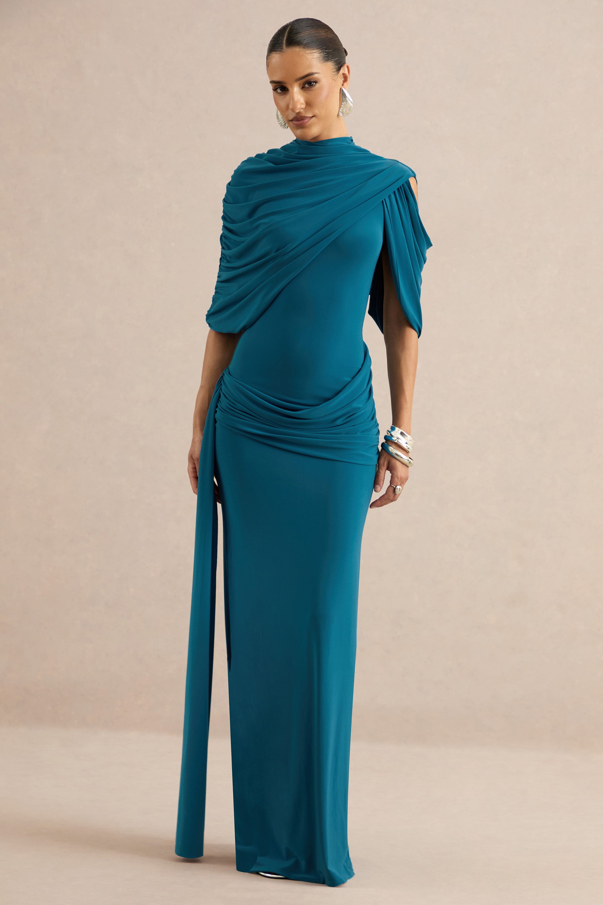 ECM_HR_CL138531036 - Eleri | Teal High-Neck Maxi Dress With One Short Cape Sleeve And Gathered Detailing 2.jpg