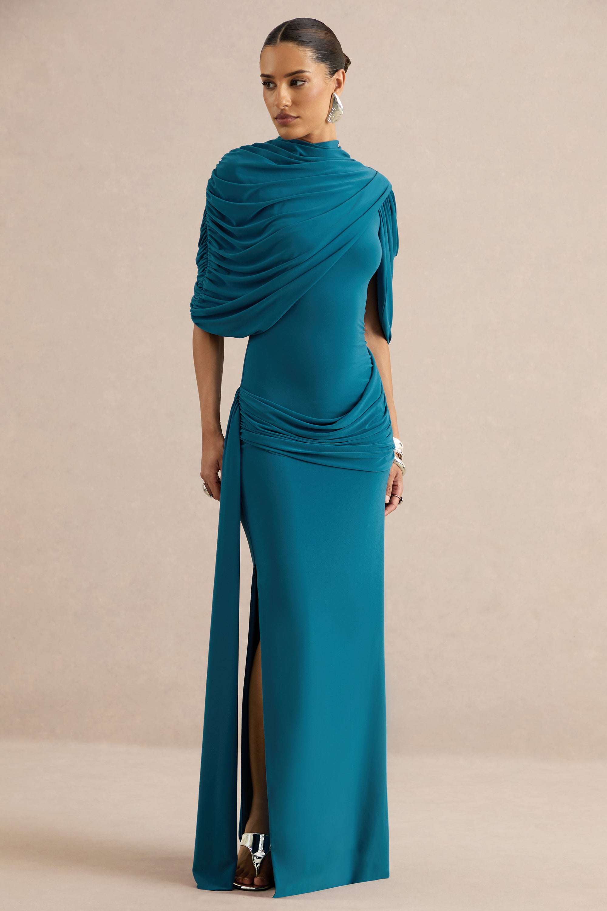 ECM_HR_CL138531036 - Eleri | Teal High-Neck Maxi Dress With One Short Cape Sleeve And Gathered Detailing 4.jpg