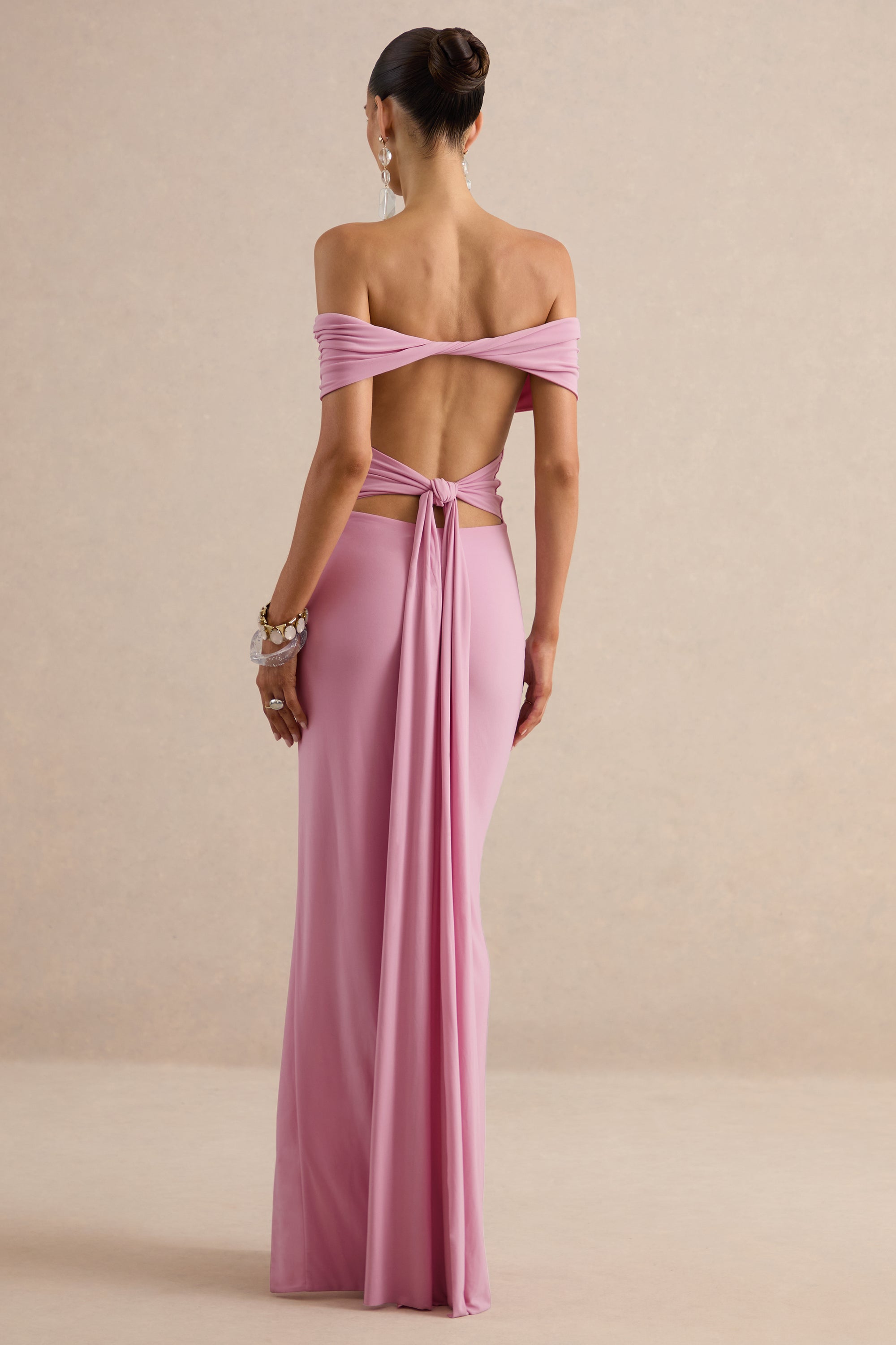 Emari | PINK Bardot-Neck Tie Back Maxi Dress With Front-High Split