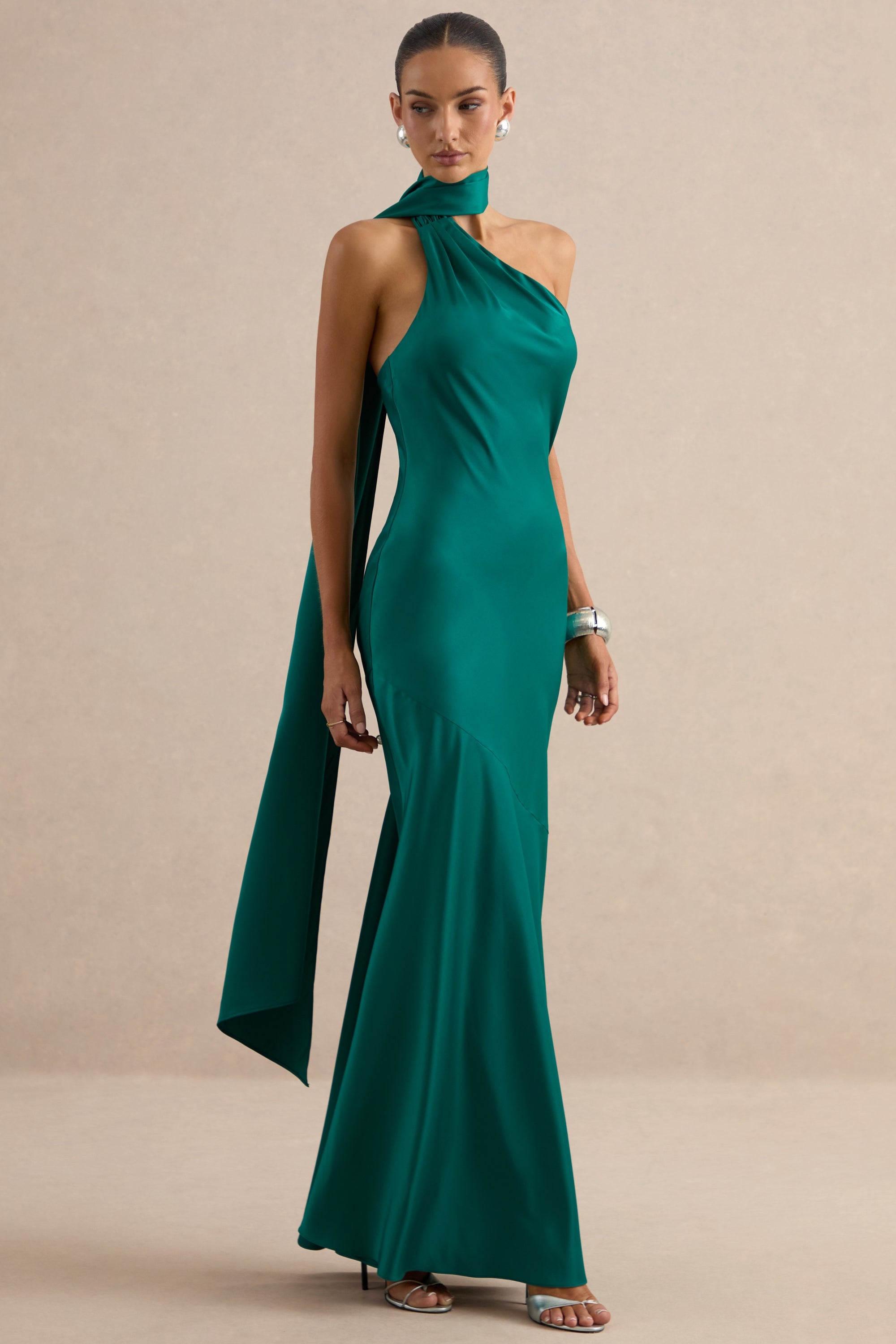 green satin asymmetrical dress Asymmetrical Draped Stretch Satin Midi Dress In Icy Sage, Icy Sage / Regular / 6