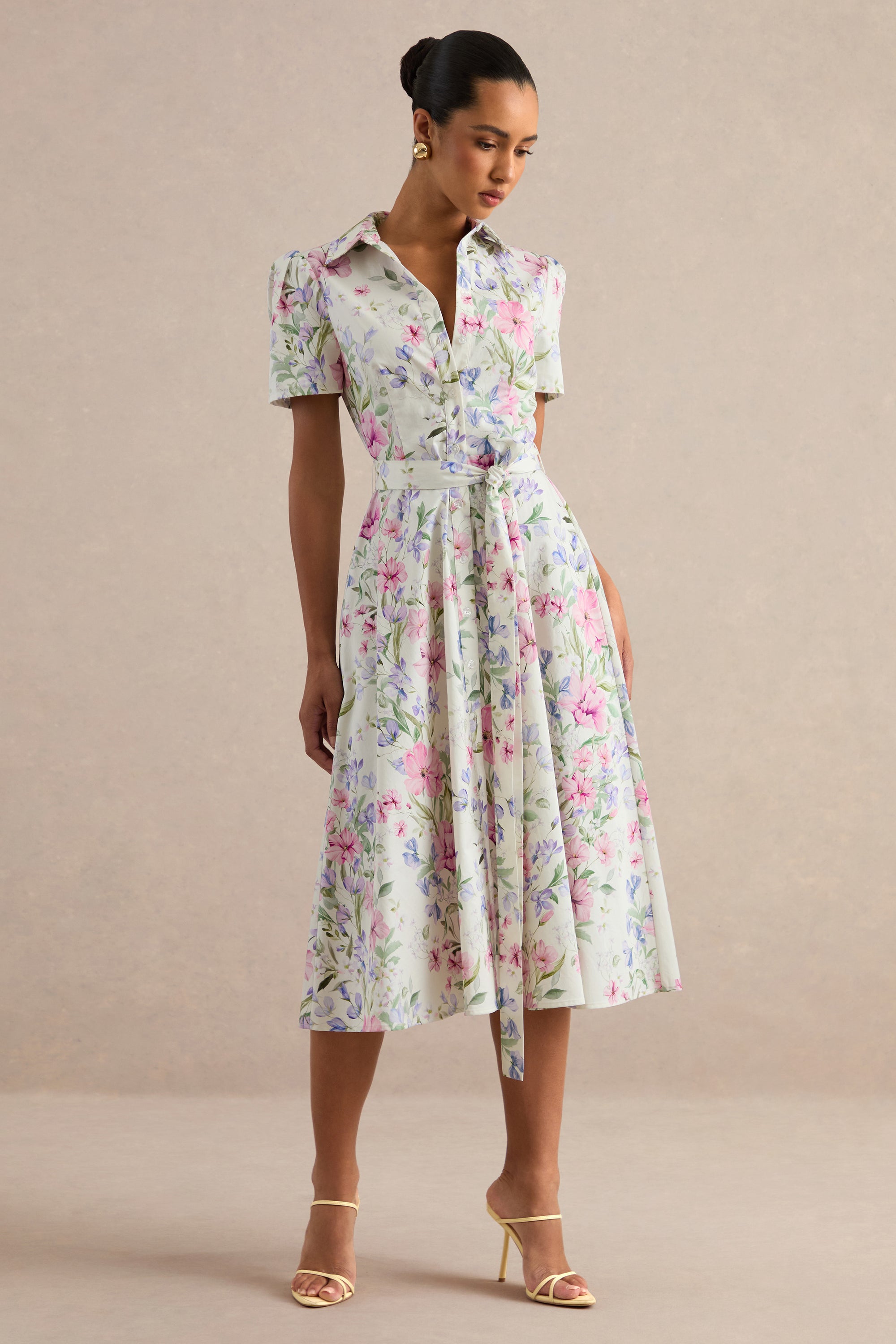 Viviette | Cream Floral Print Collared-Neck Midi Dress – Club L London