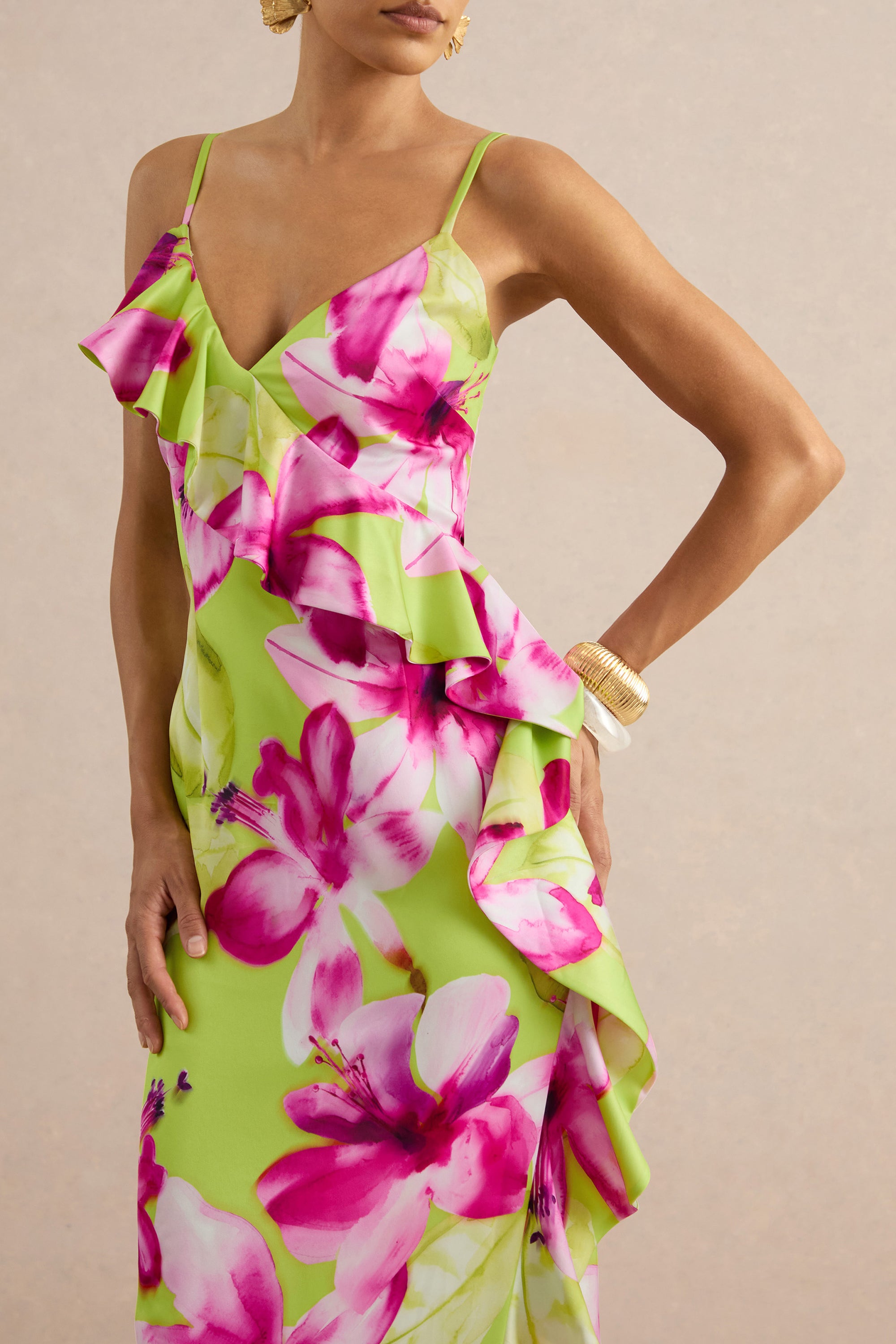 ECM_HR_Marcelina Lime And Pink Floral Print Satin V-Neck Maxi Dress With Ruffled Detailing CL138609034 48.jpg