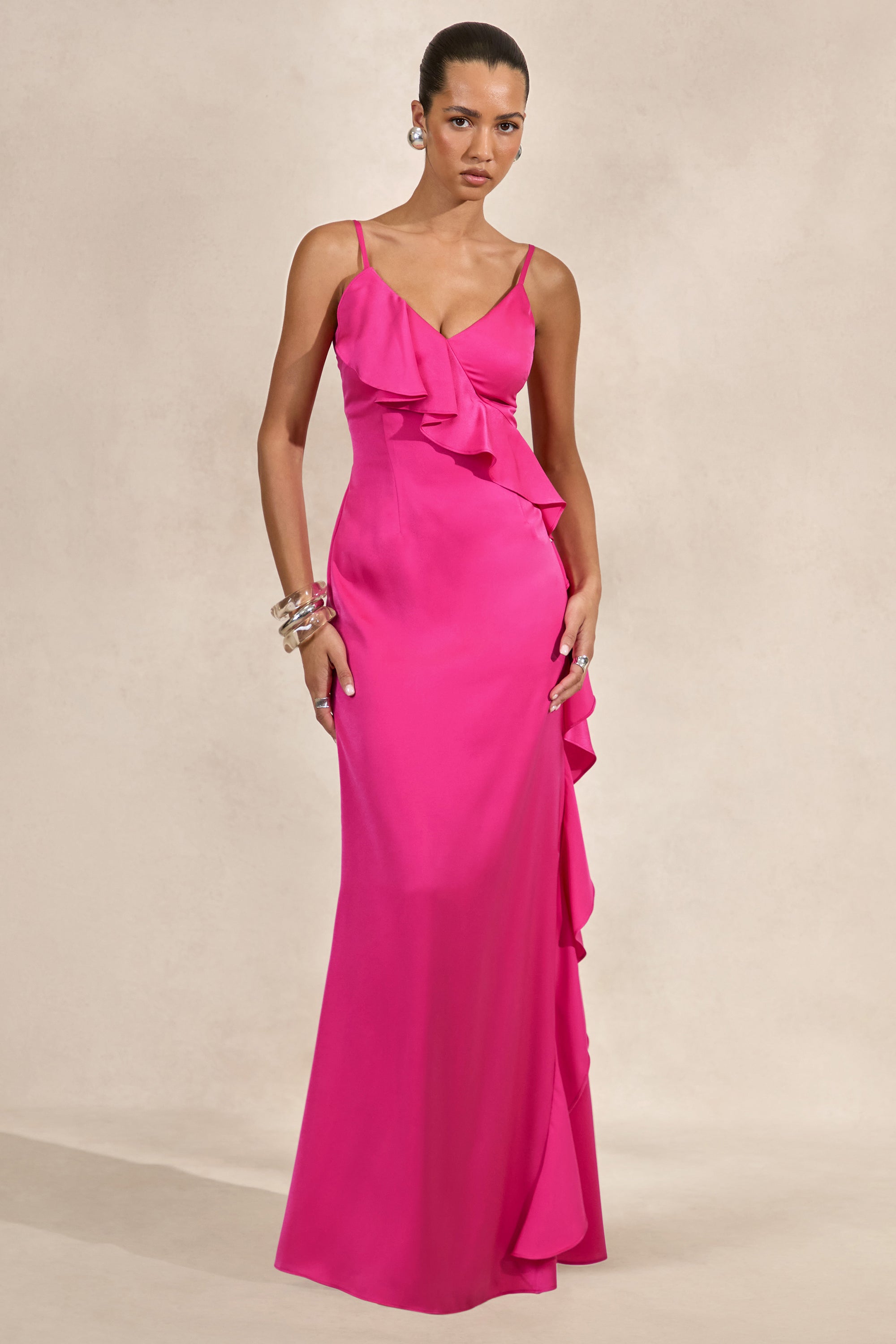 hot pink dress with ruffles Life Of The Party Tulle - while the beading sashes delicately cinch the waist Marcelina | Hot Pink Satin