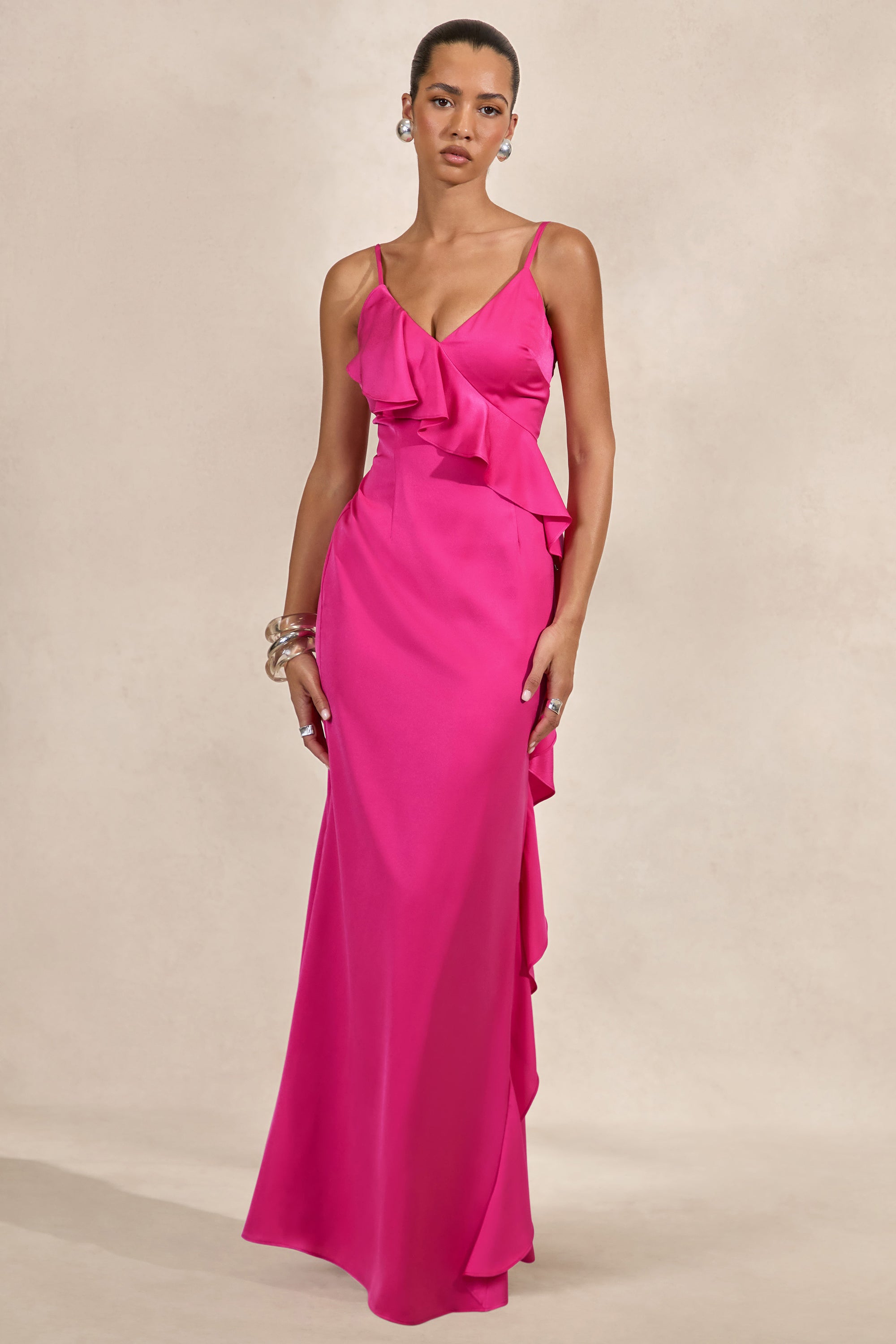 Marcelina | Hot Pink Satin V-Neck Maxi Dress With Ruffled Detailing – Club L London